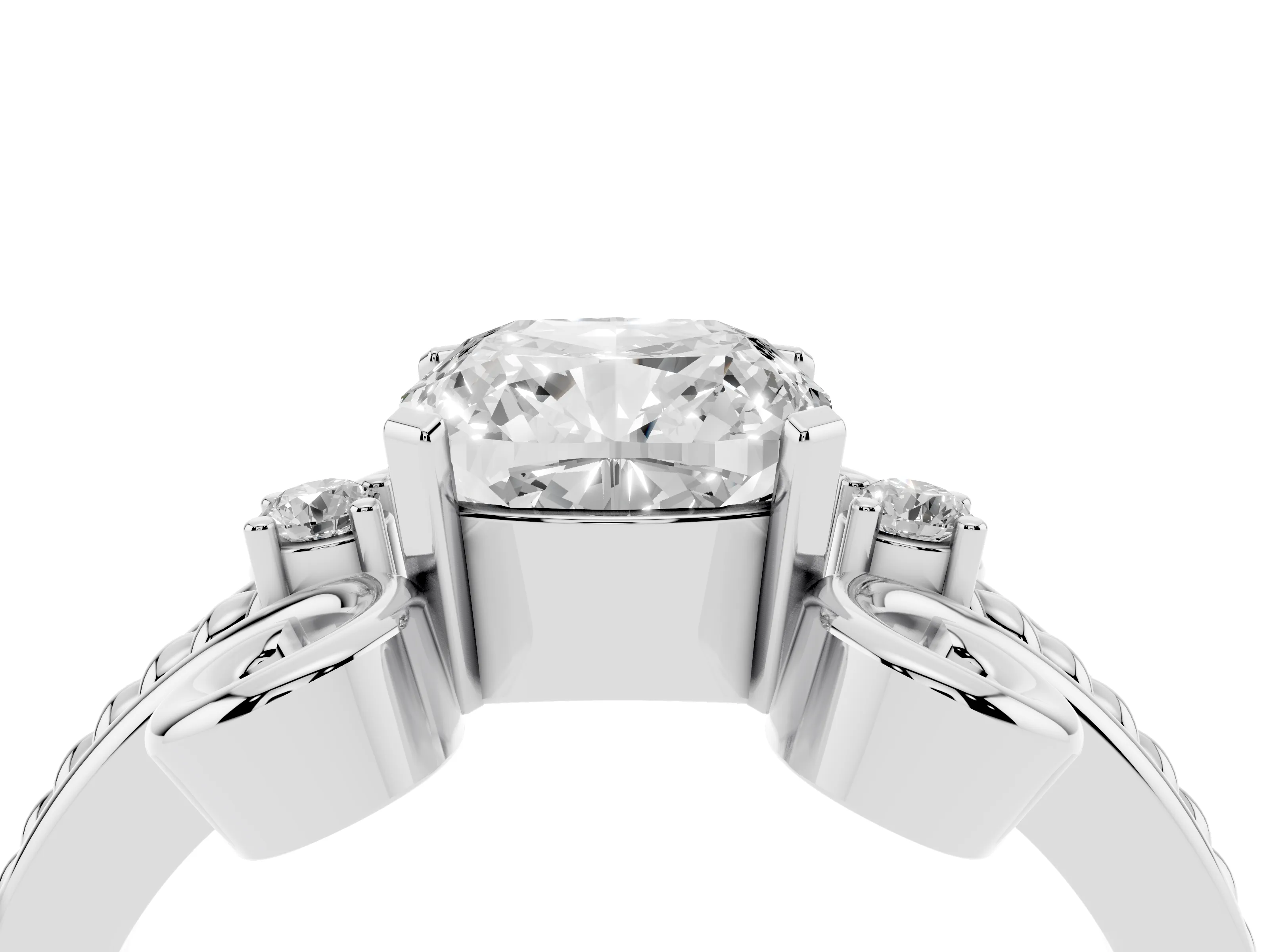 Cushion Cut Diamond Twisted Band Solitaire Ring Set in White gold with Scroll Prongs