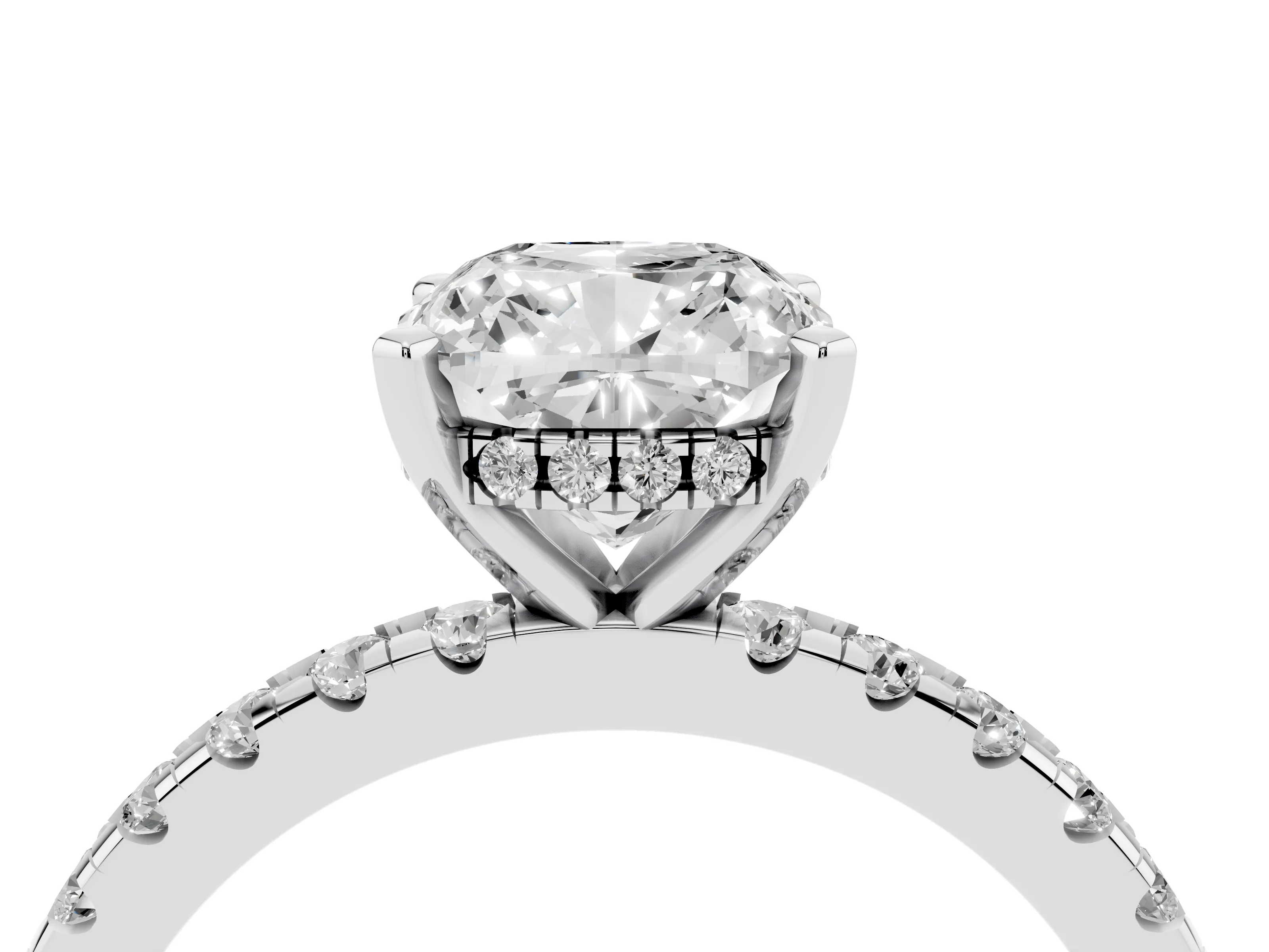 Cushion Cut Diamond Pavé Solitaire Ring Set in Platinum with Round Band Accents and Prong Setting