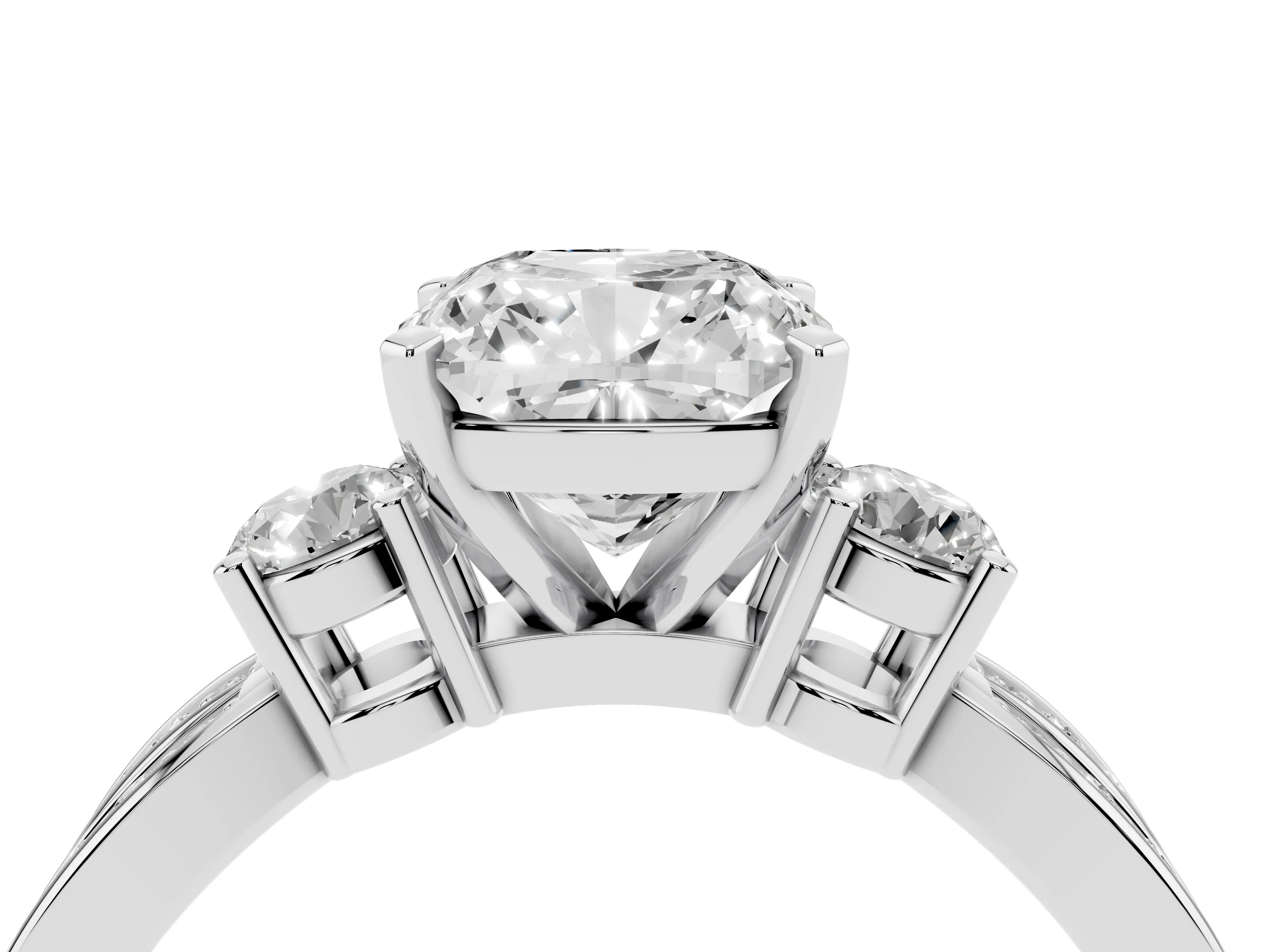 Three-Stone Cushion Cut Diamond Twist Band Ring Set in Silver with Pavé Accents and Prong Setting