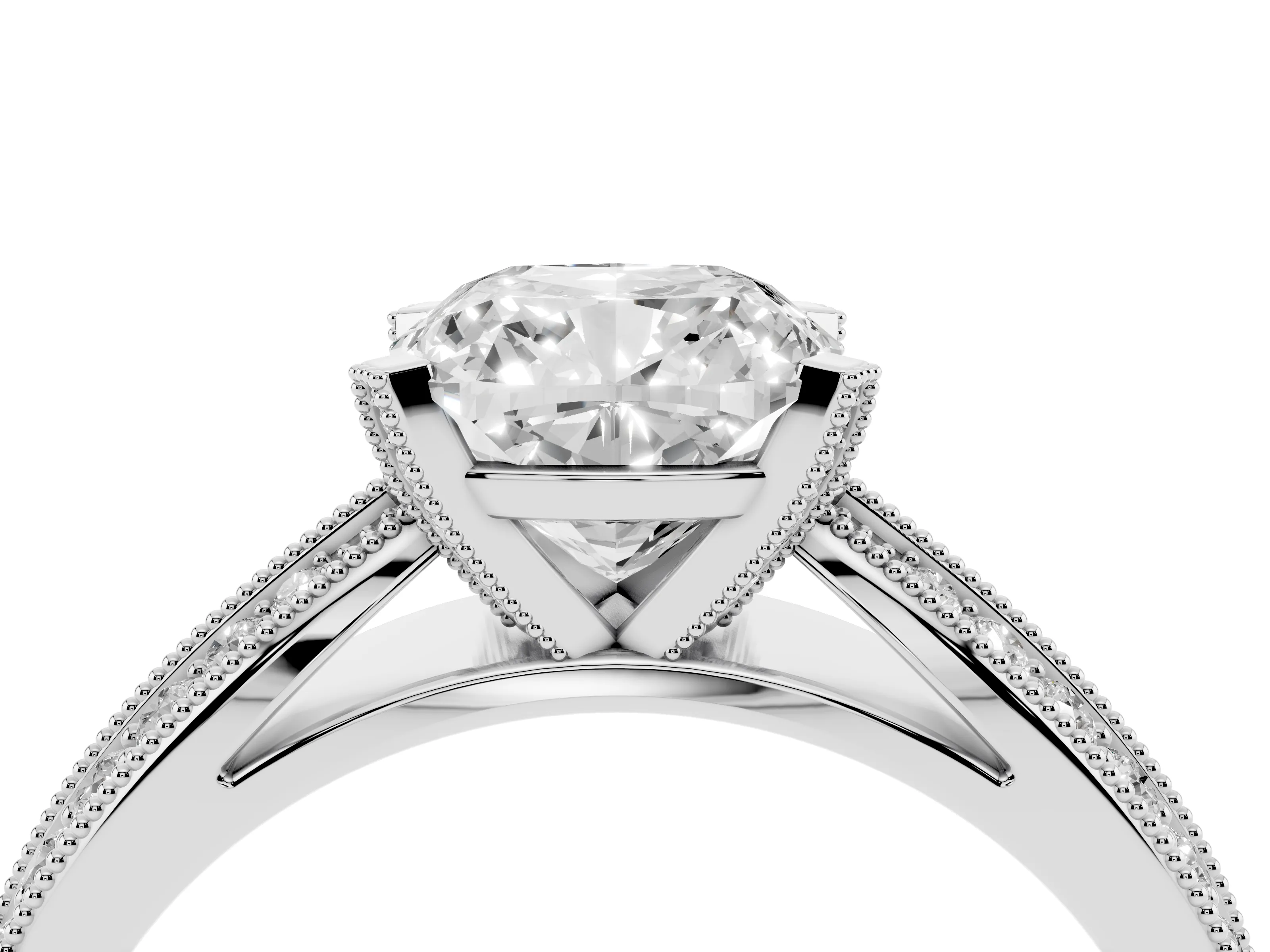 Cushion Cut Diamond Solitaire Ring Set in Silver with Milgrain Double Row Round Pavé Band