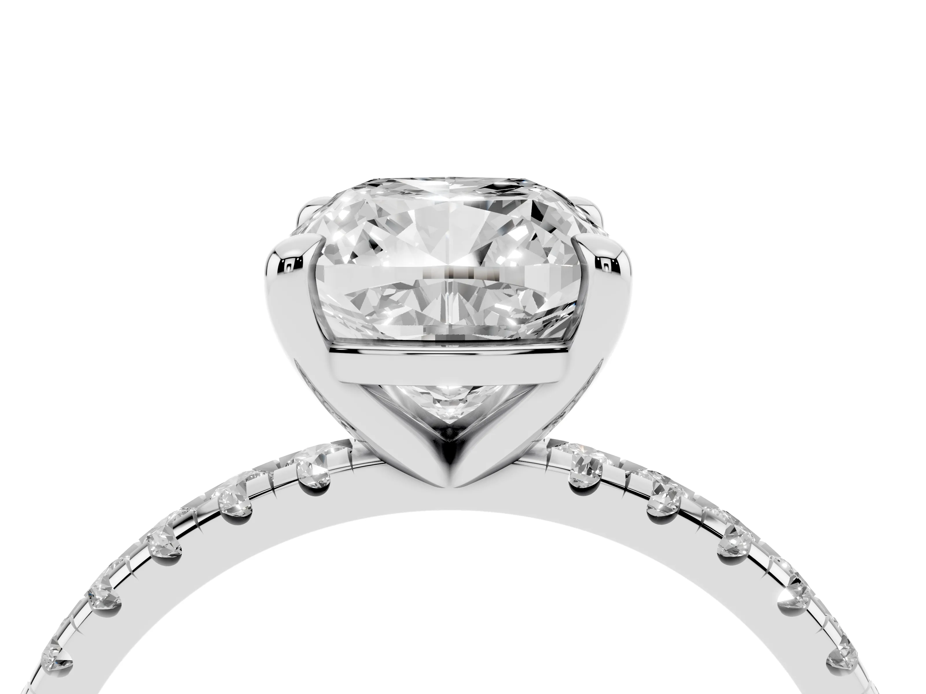 Cushion Cut Diamond Brilliant Solitaire Ring Set in Silver with Pavé Band and Prong Setting