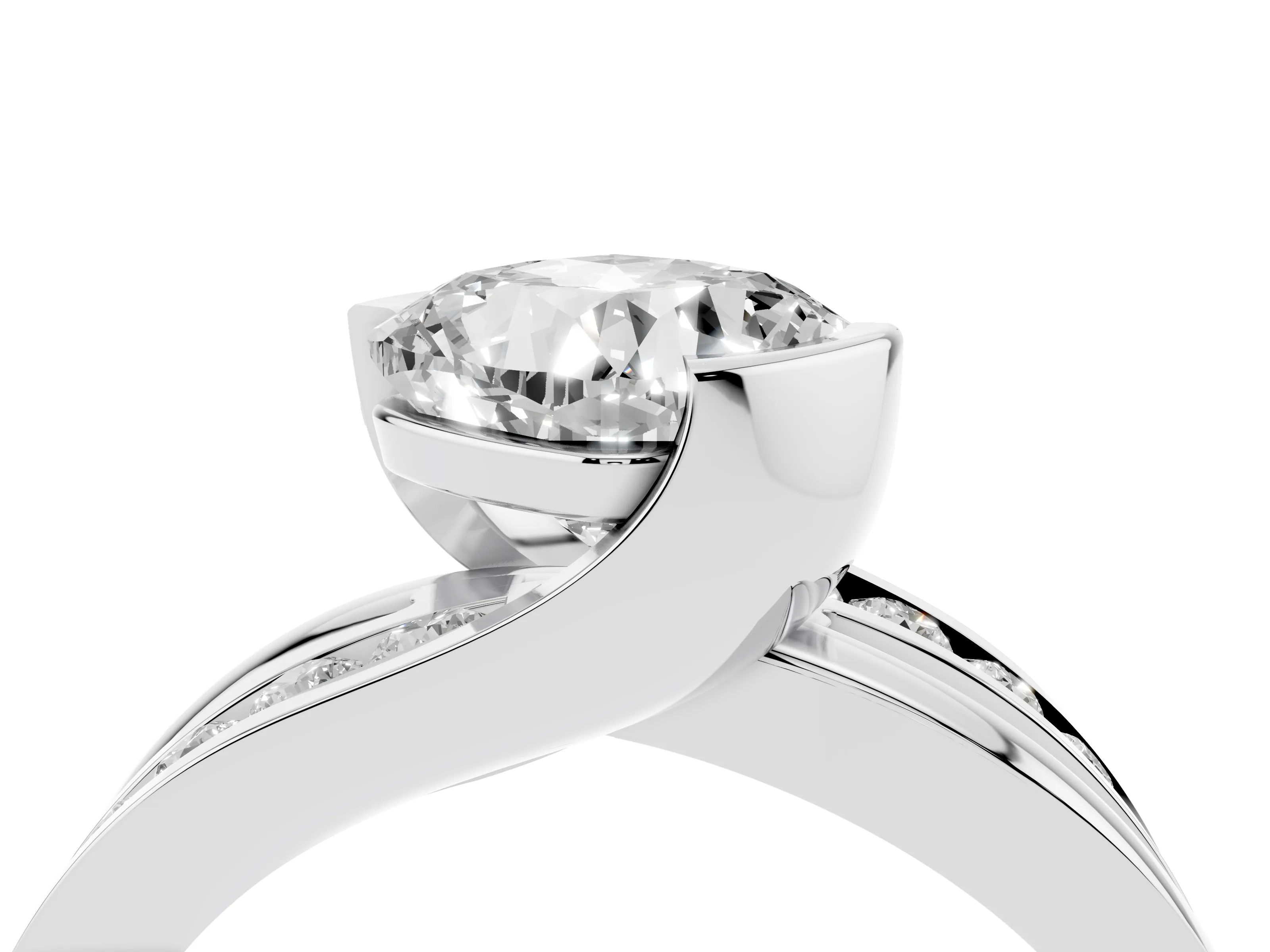 Cushion Cut Diamond Solitaire Ring Set in Silver with Channel Set Split Shank and Tension Prongs