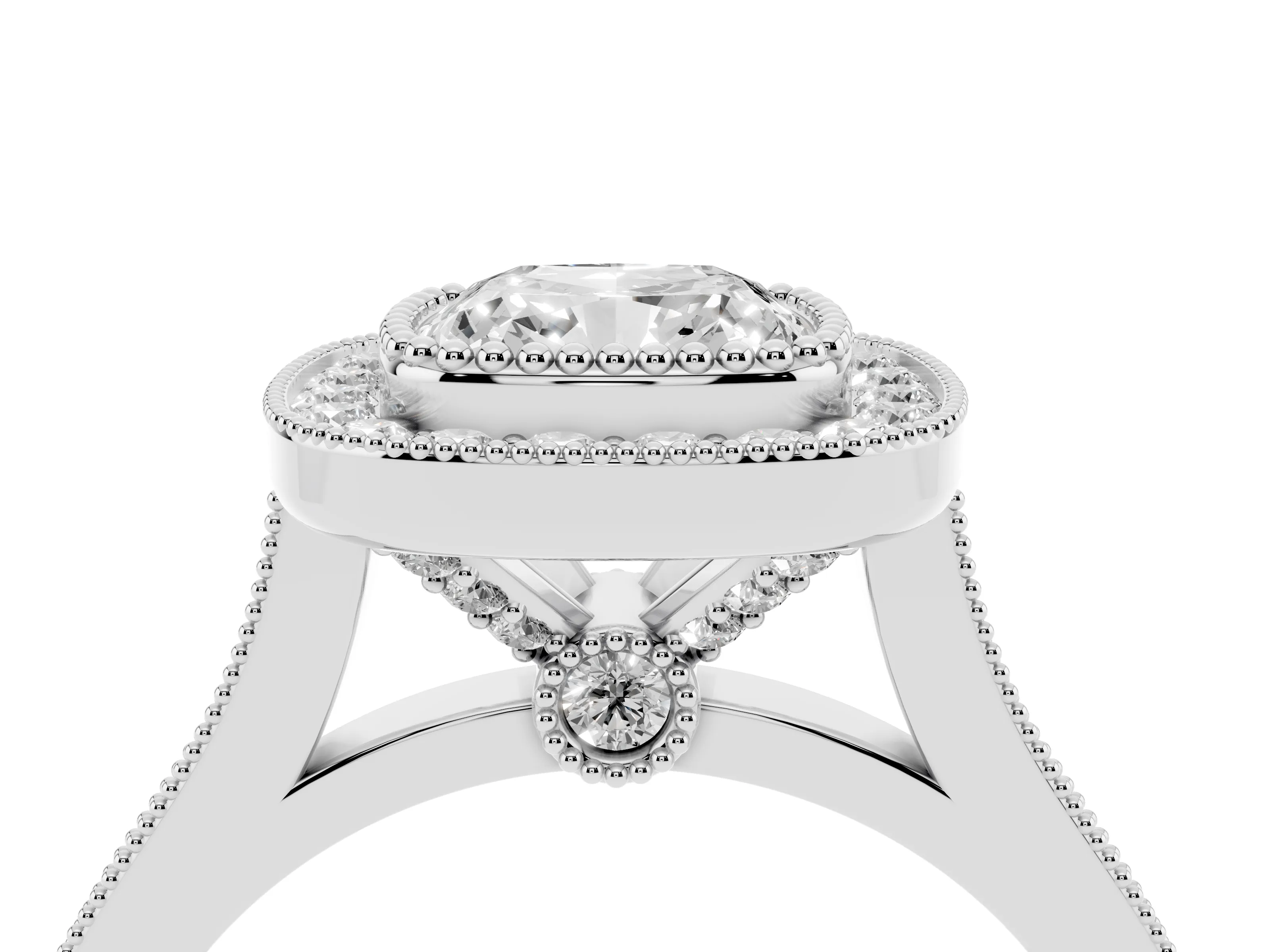 Cushion Cut Diamond Halo Ring Set in White gold with Milgrain Frame and Pavé Band