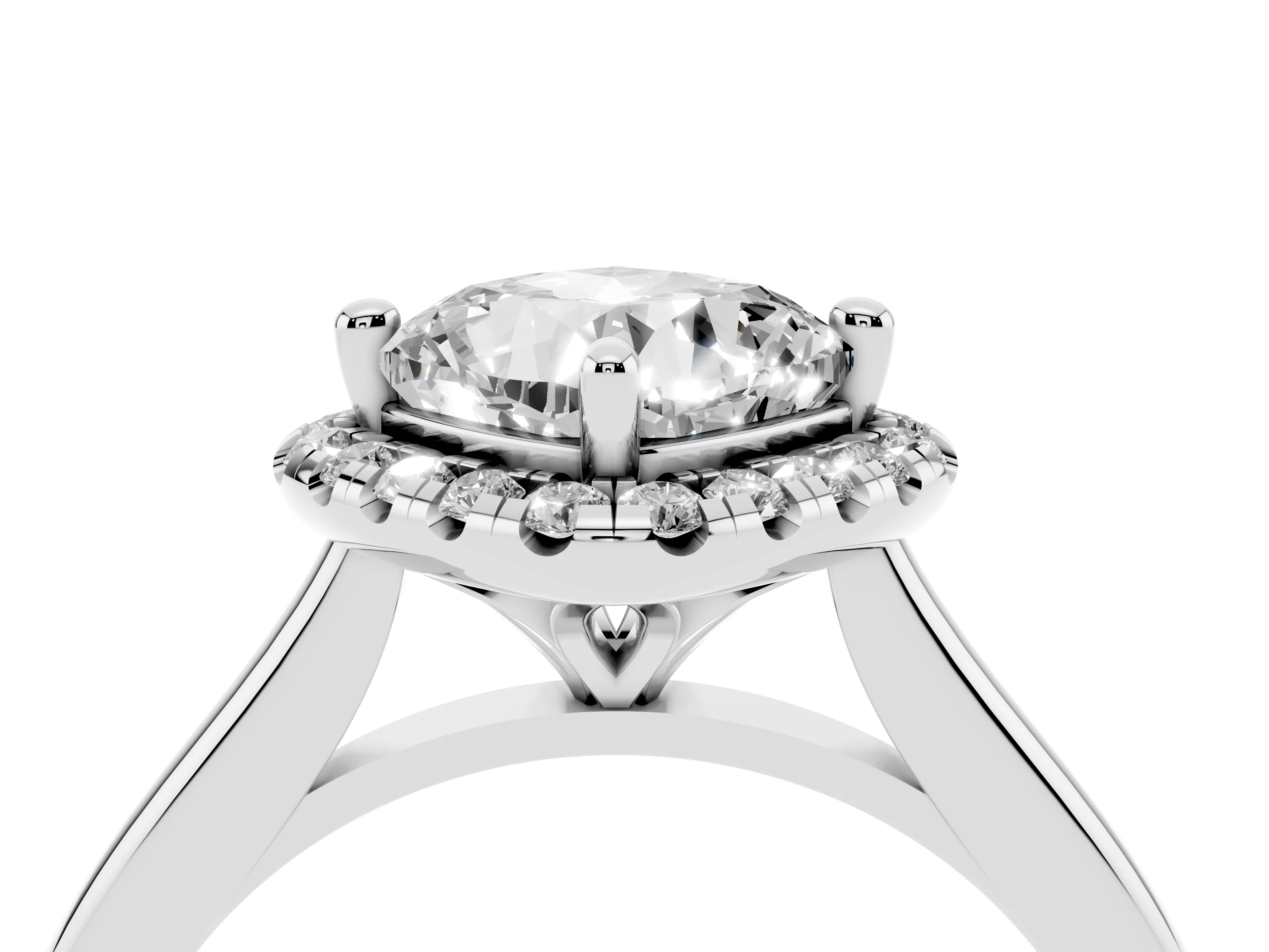 Cushion Cut Diamond Halo Engagement Ring Set in Platinum with Pavé Band and Rising Shoulders