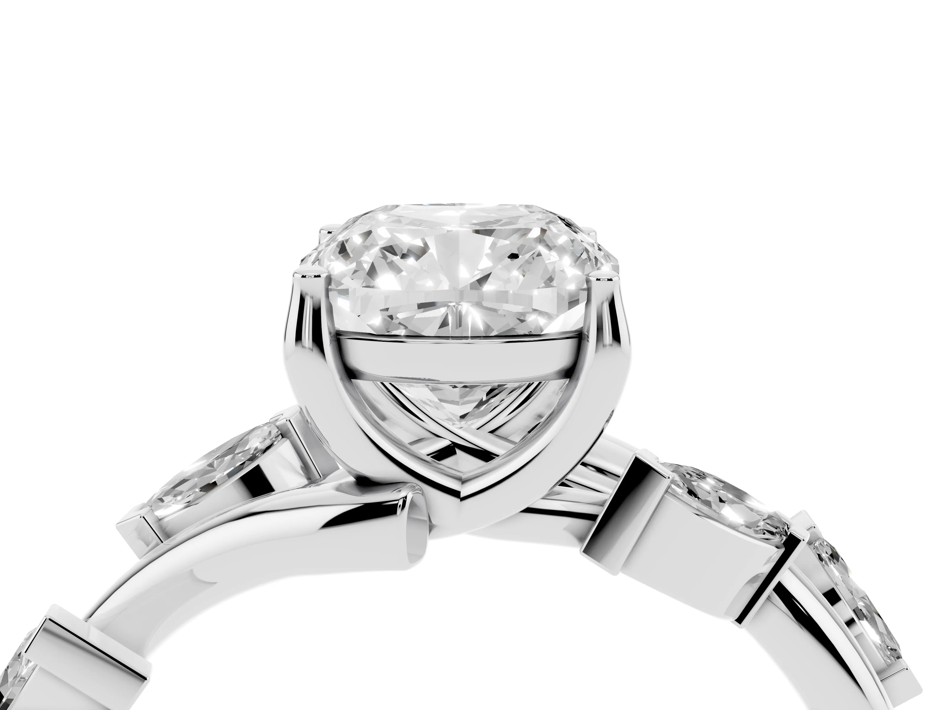 Cushion Cut Diamond Solitaire Ring Set in White gold with Twisted Marquise Accent Band