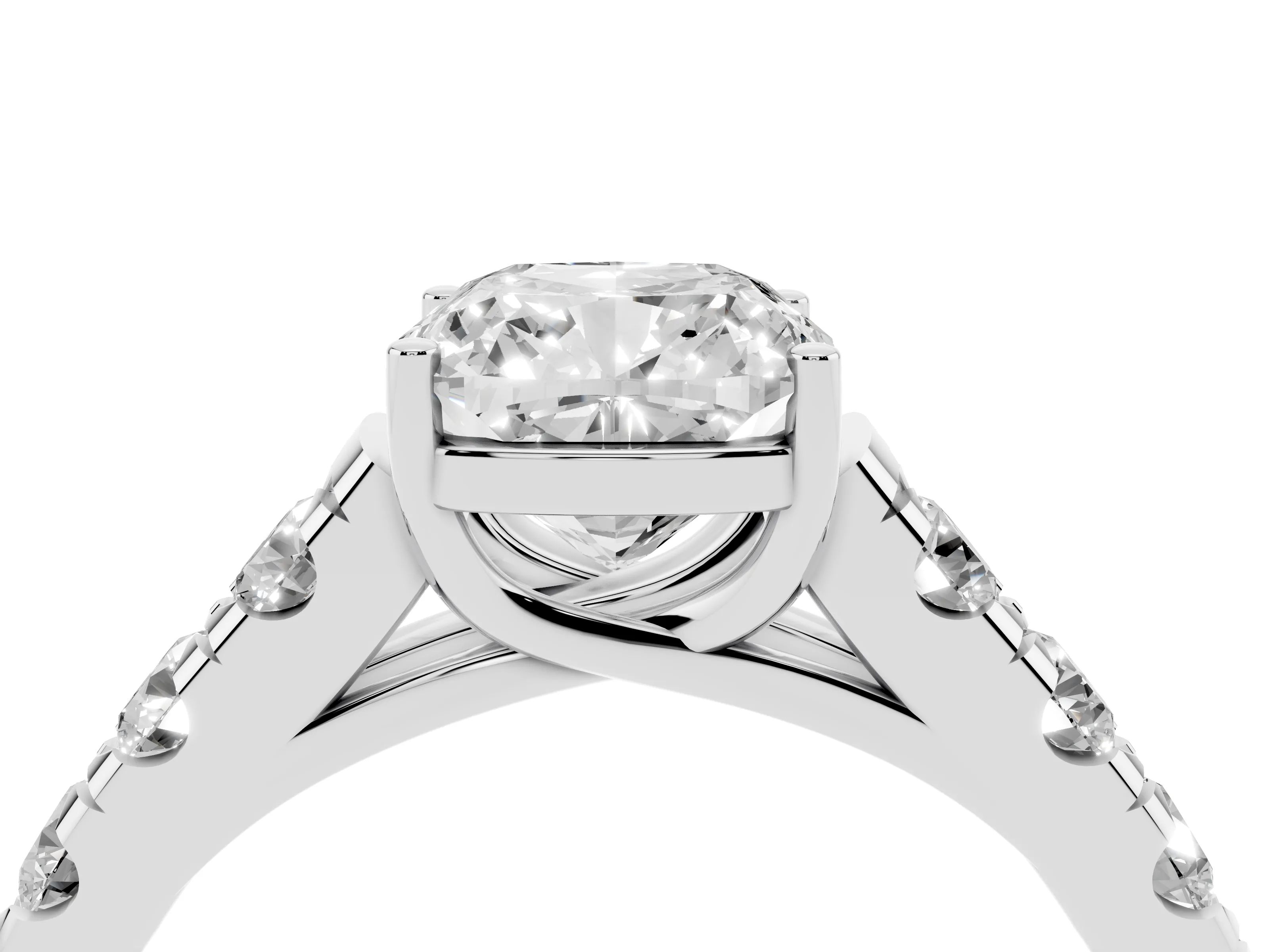 Cushion Cut Diamond Solitaire Ring Set in Silver with Cut-Down Micro Pavé Band and Prong Setting