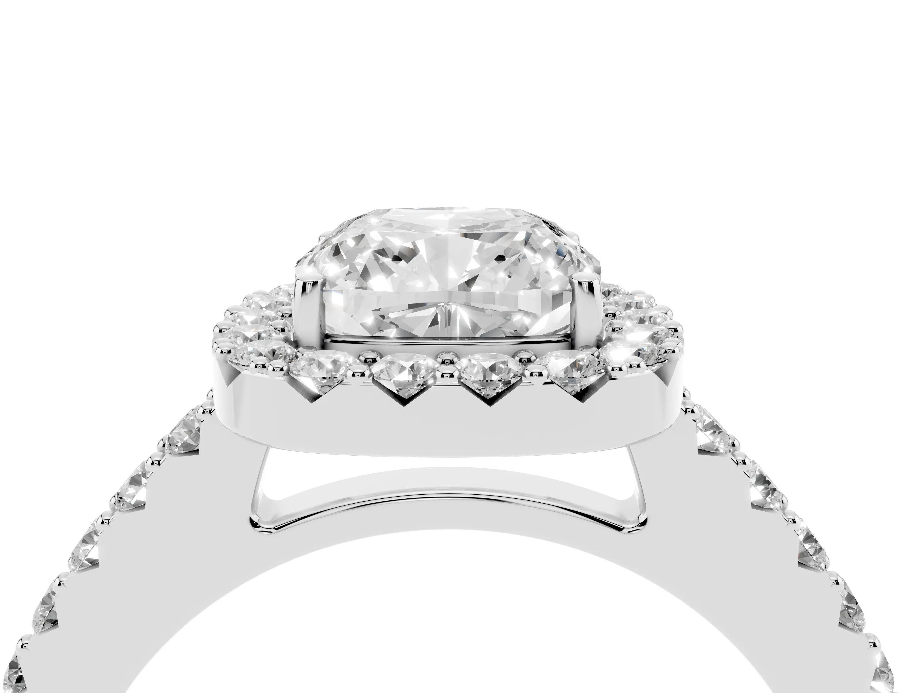 Cushion Cut Diamond Halo Pavé Solitaire Ring Set in Platinum with Prong-Set Center Stone