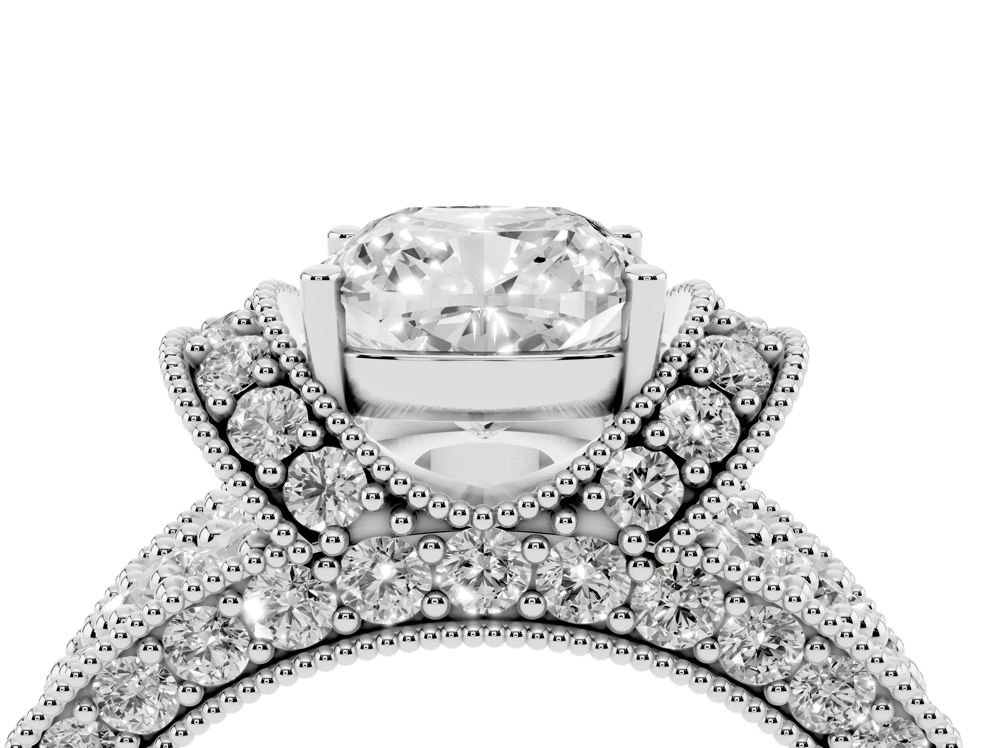 Cushion Cut Diamond Milgrain Halo Pavé Engagement Ring Set in Silver with Prong Setting