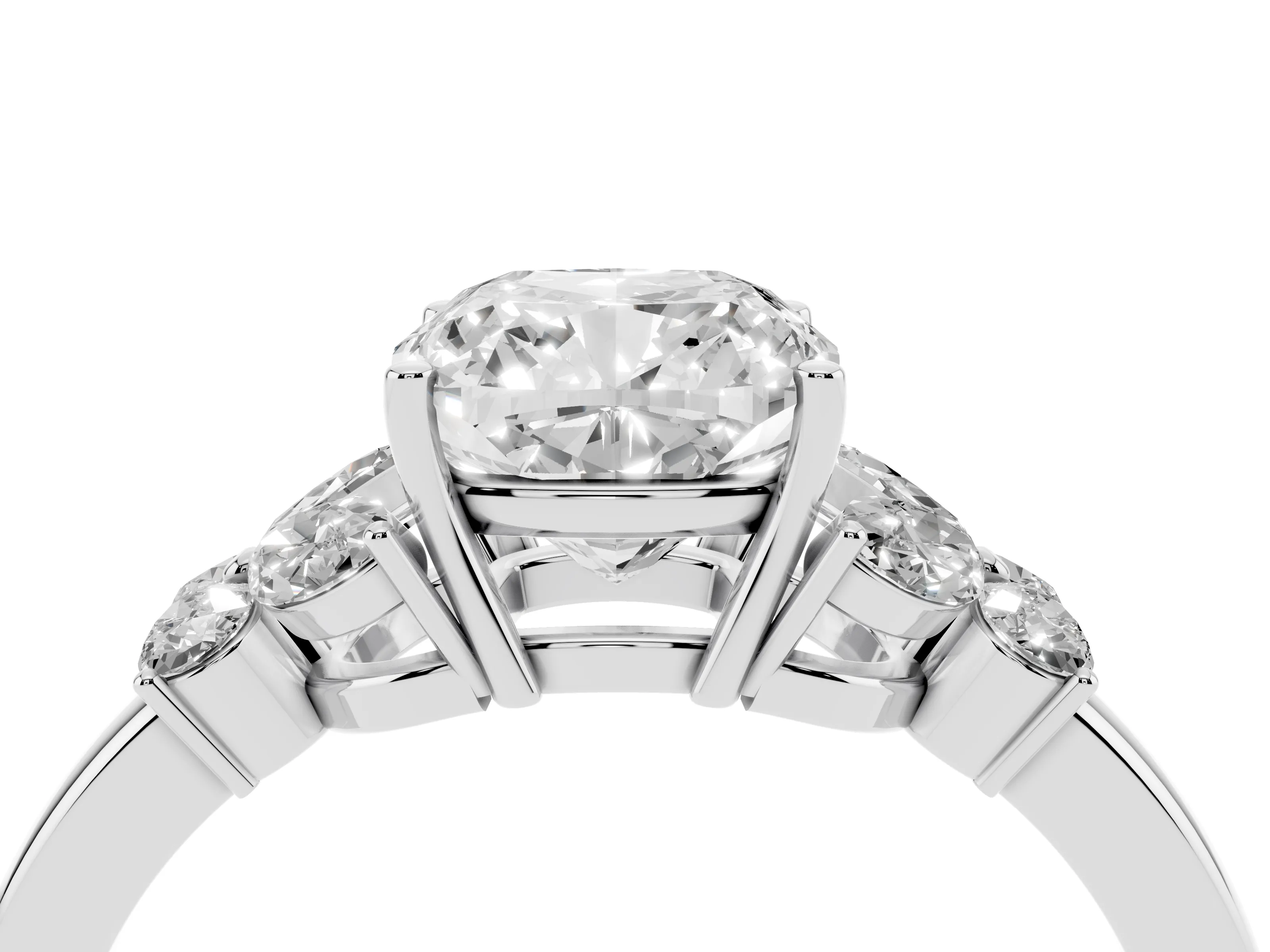 Cushion Cut Diamond Solitaire Floral Ring Set in Silver with Marquise Petals and Prong Setting