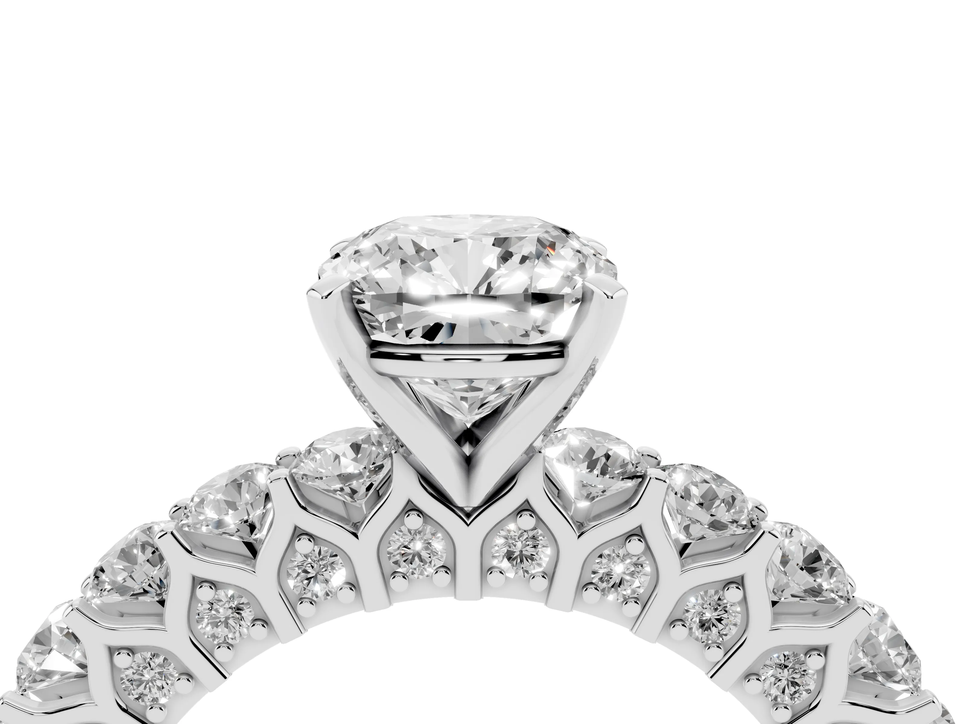 Cushion Cut Diamond Solitaire Ring Set in Silver with Shared Prong Pavé Band