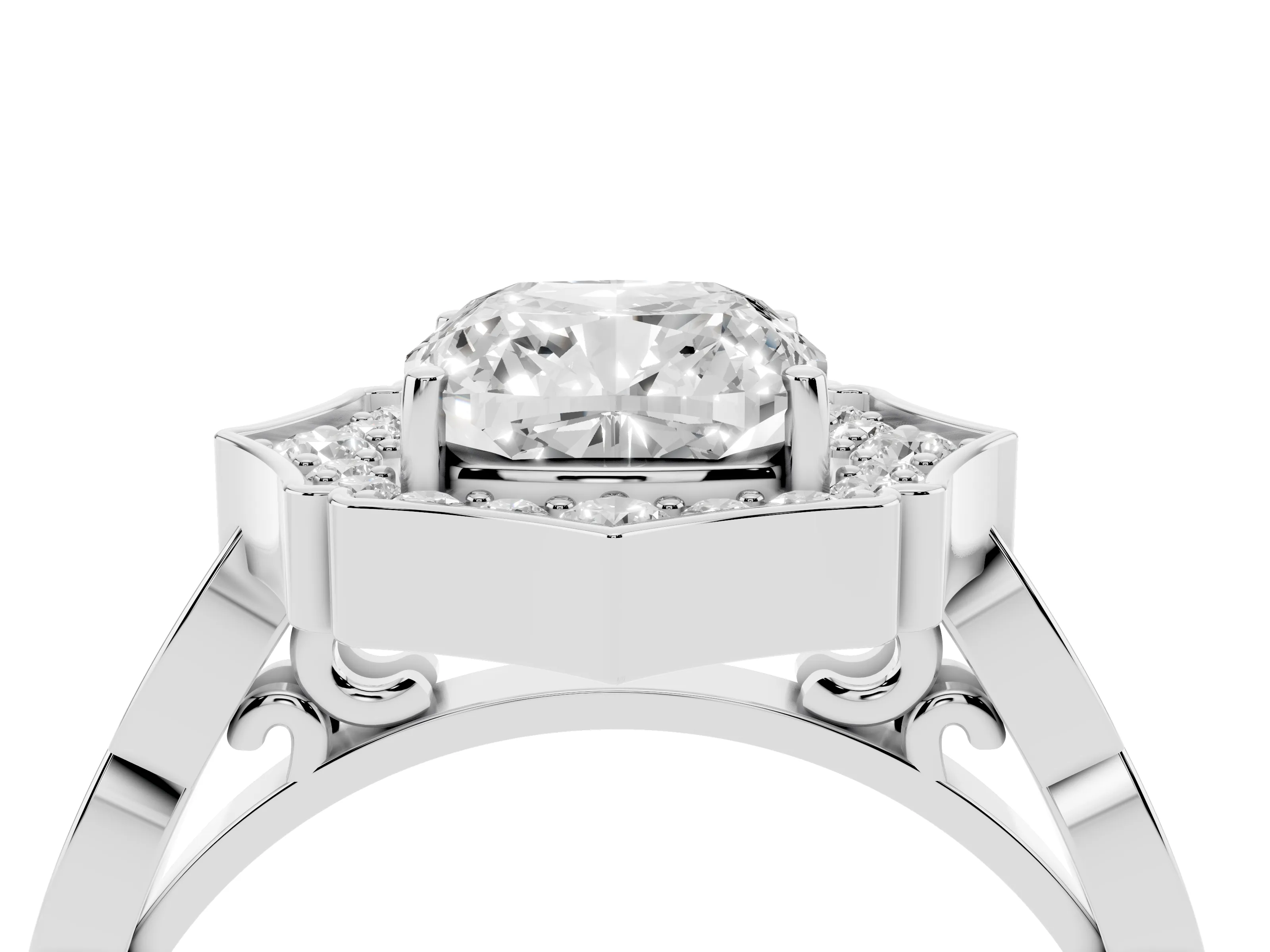 Cushion Cut Diamond Halo Engagement Ring Set in Platinum with Milgrain Band and Prong Setting