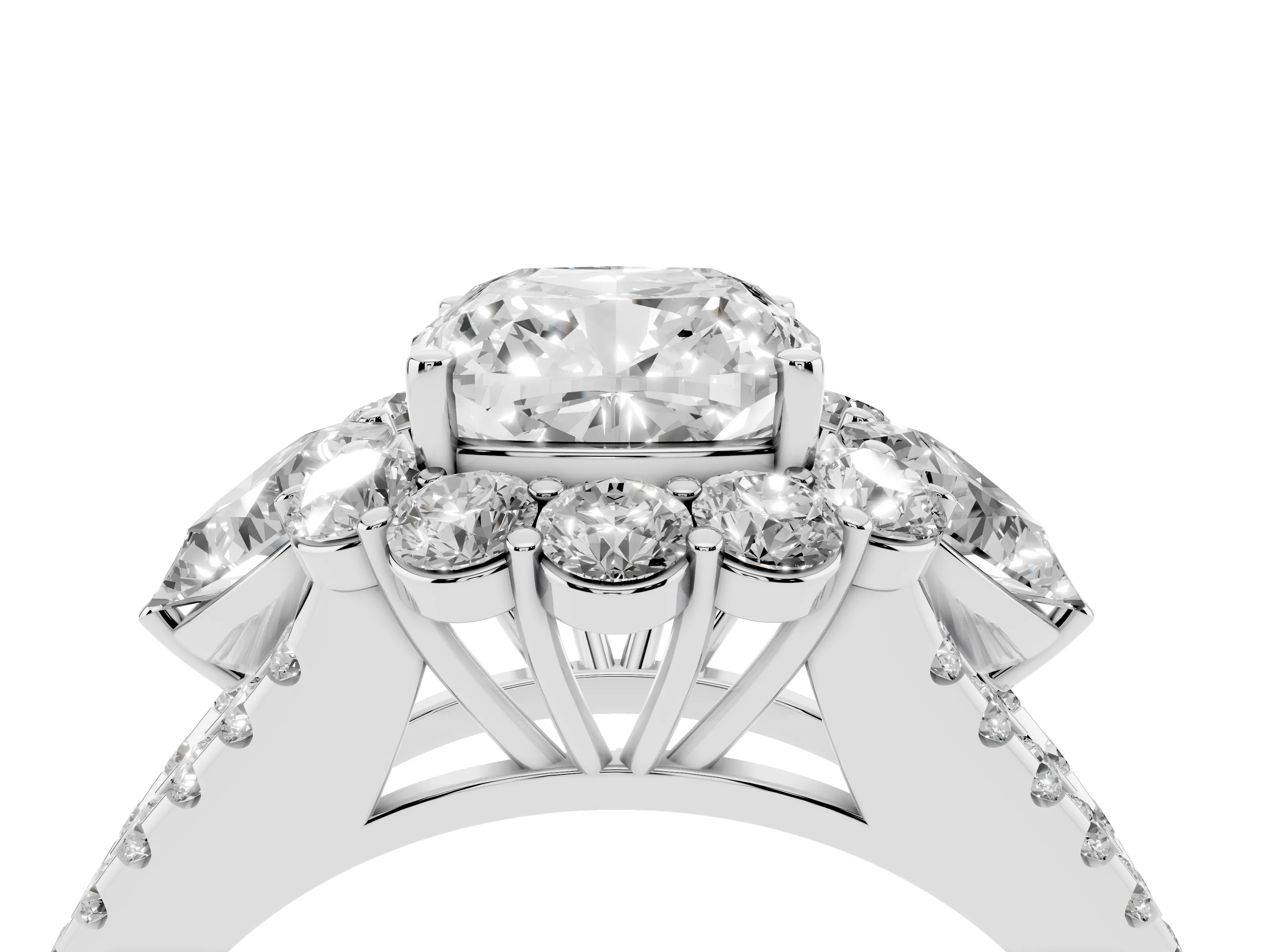 Cushion Cut Diamond Halo Split Shank Engagement Ring Set in Platinum with Prong-Held Center Stone