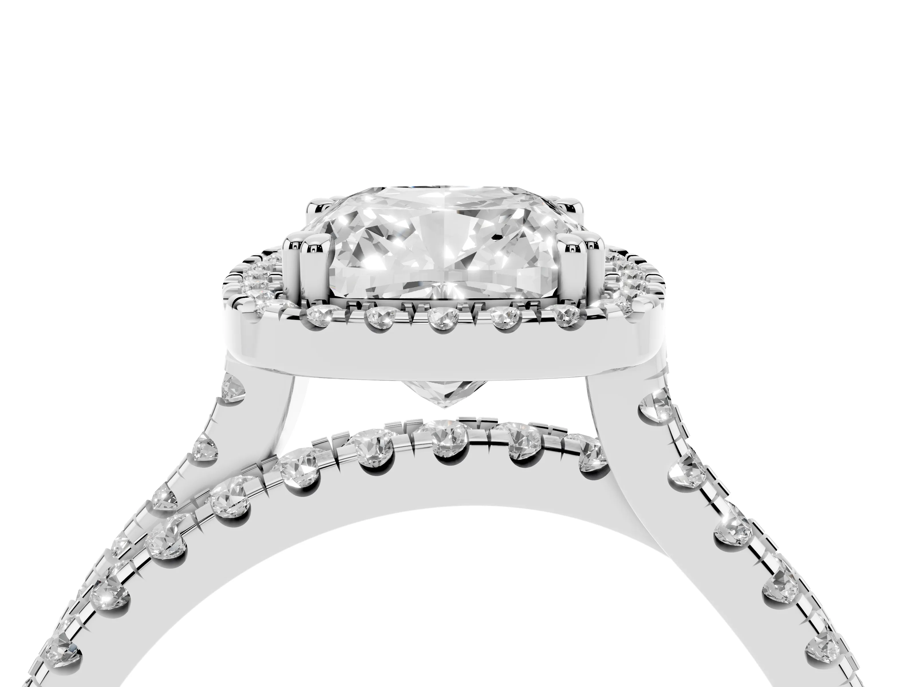 Cushion Cut Diamond Halo Split Shank Ring Set in Platinum with Pavé Setting