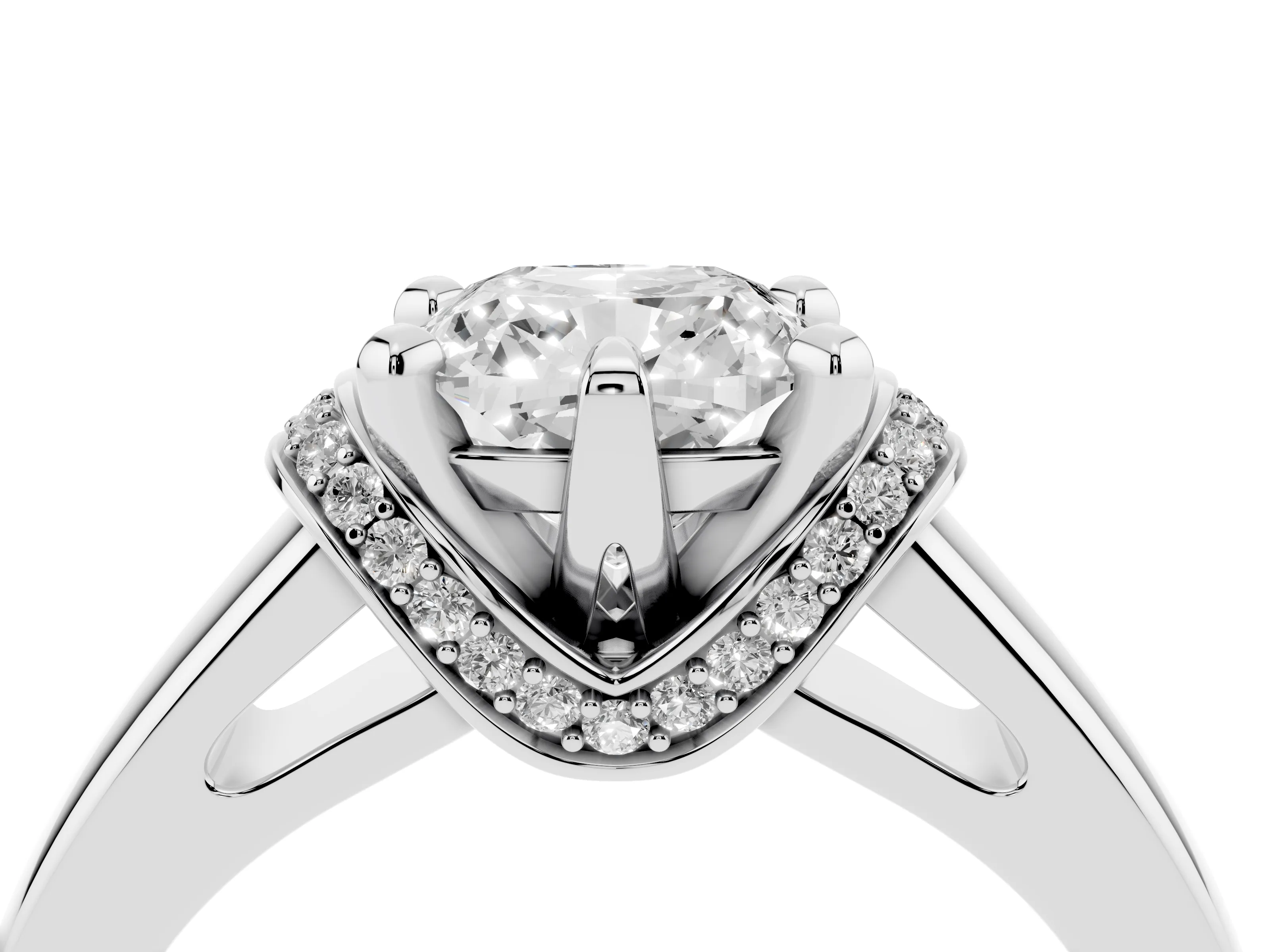 Cushion Cut Diamond Pavé Band Solitaire Ring Set in White gold with Prong Setting
