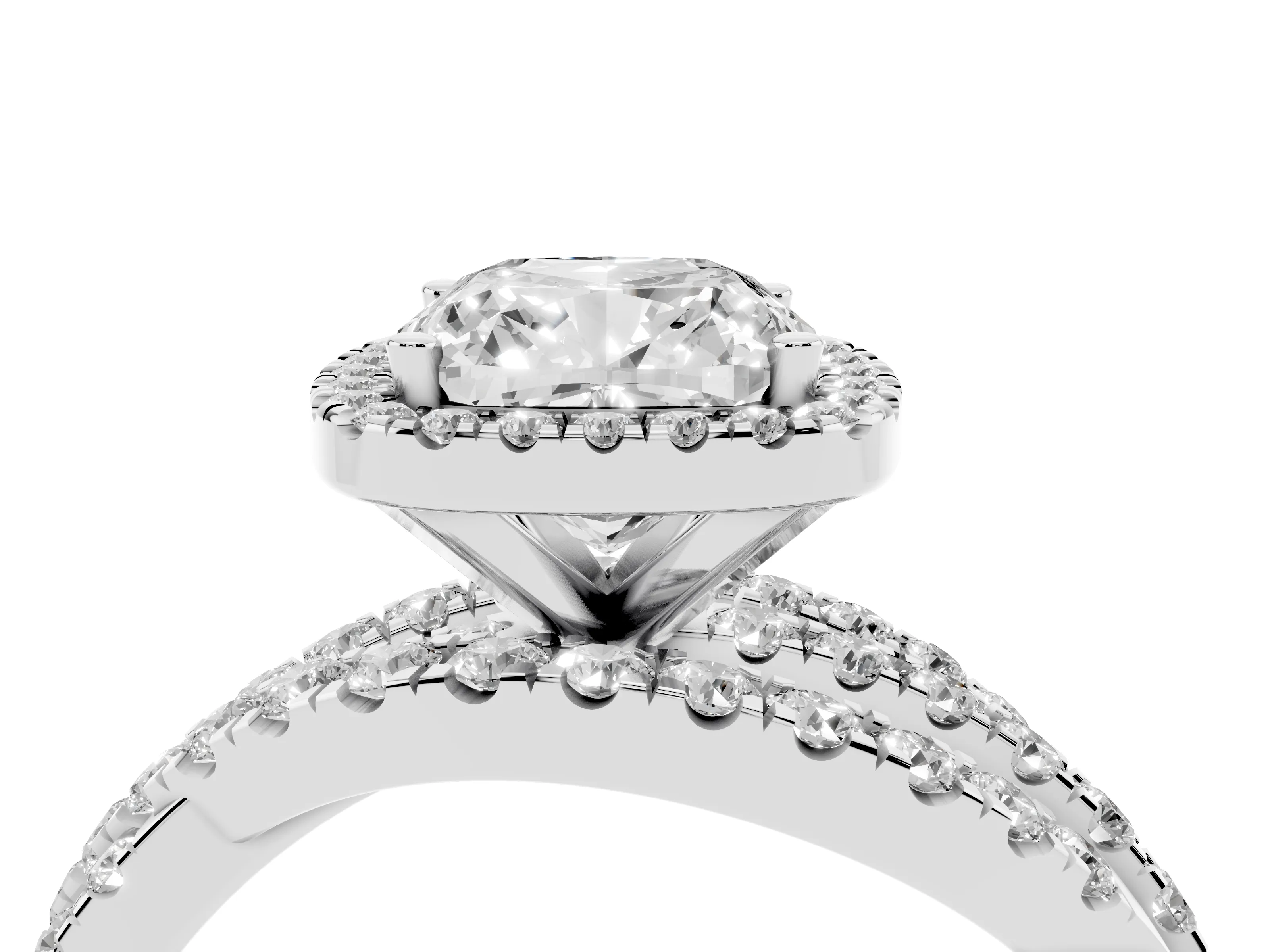 Cushion Cut Diamond Halo Ring Set in Platinum with Round Crossover Split Shank and Prong Setting
