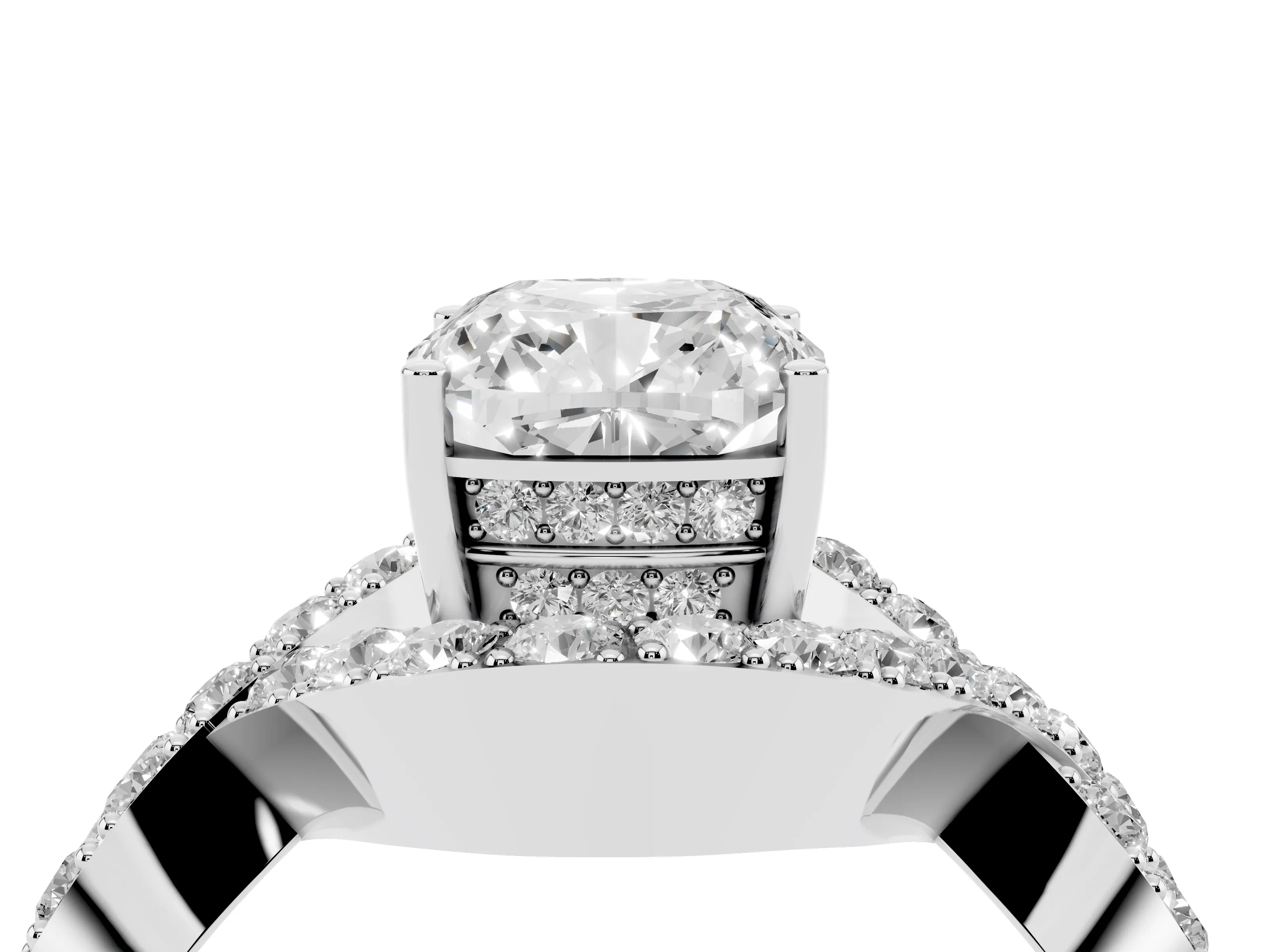 Cushion Cut Diamond Solitaire Twist Band Pavé Engagement Ring Set in Platinum