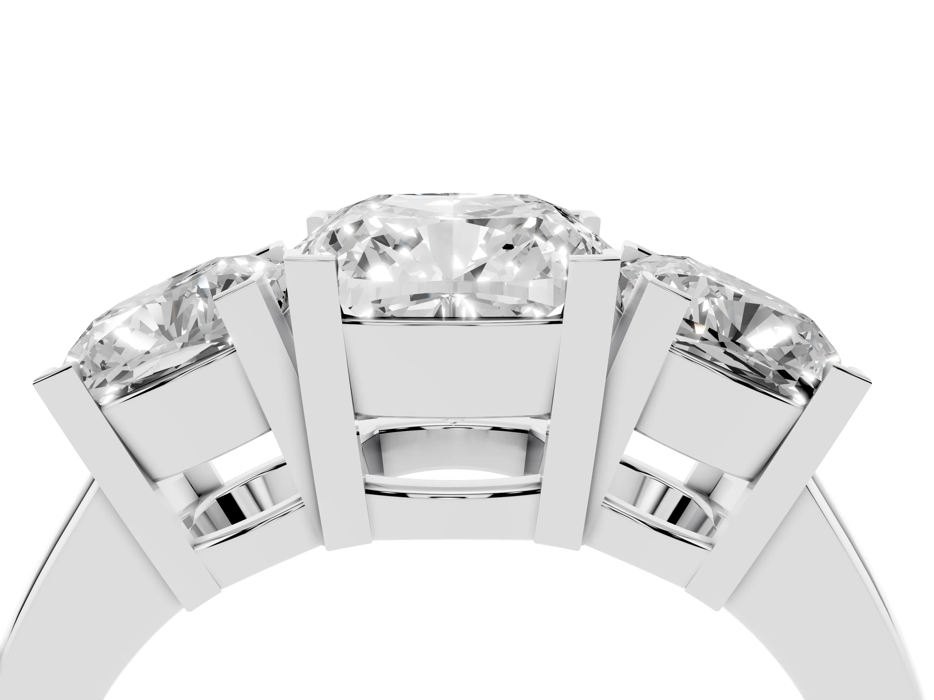 Cushion Cut Diamond Three-Stone Ring Set in Silver with Channel-Set Band and Prong Settings