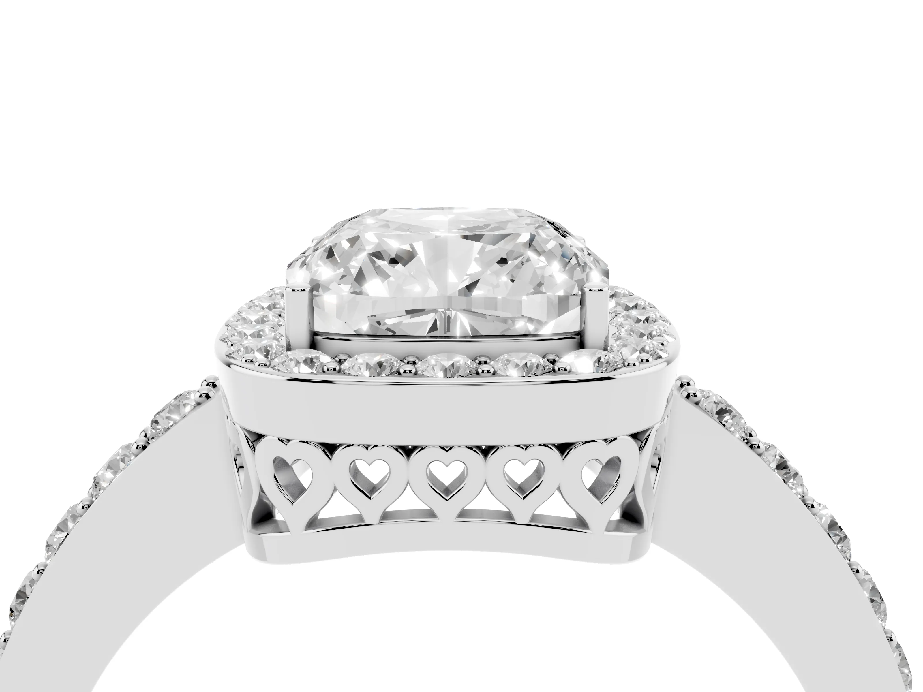 Cushion Cut Diamond Halo Ring Set in White gold with Pavé-Setting Band and Open Prong Center