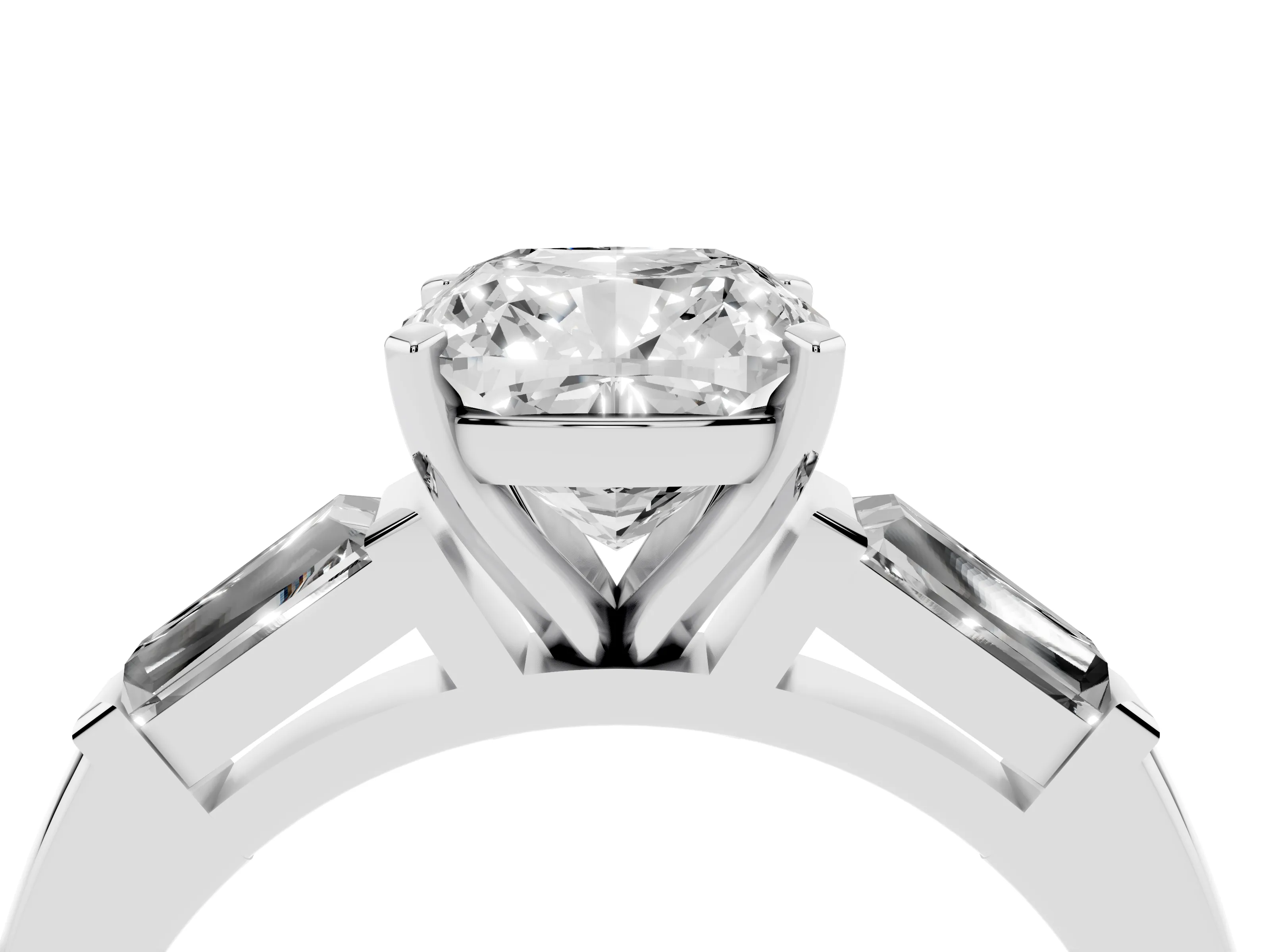 Cushion Cut Diamond Solitaire Ring Set in Platinum with Tapered Baguette Side Stones and Prong Setting