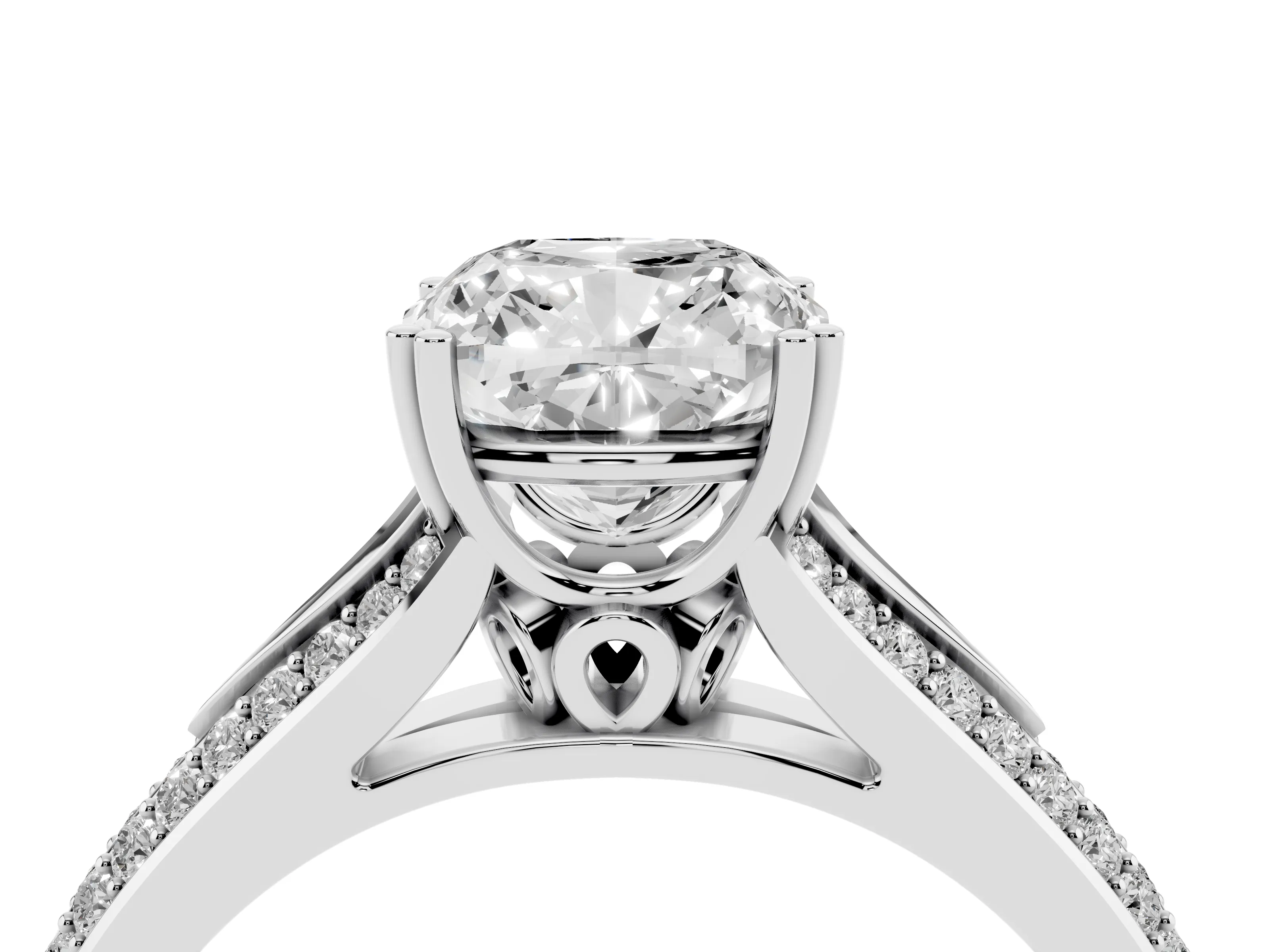 Cushion Cut Diamond Split Shank Pavé Engagement Ring Set in Platinum with Prong-Set Center Stone