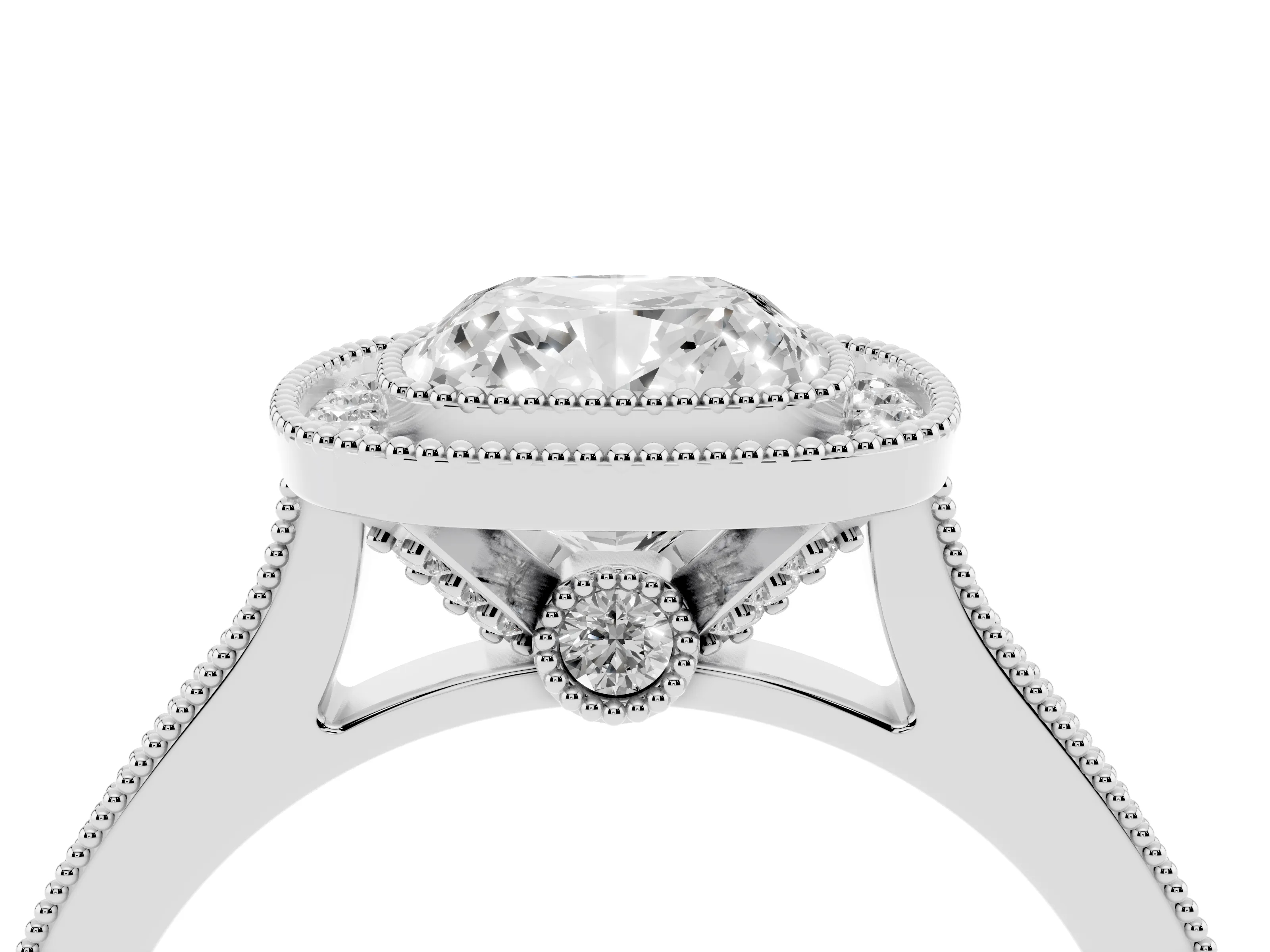 Cushion Cut Diamond Halo Milgrain Pavé Band Ring Set in Platinum with Prong Setting