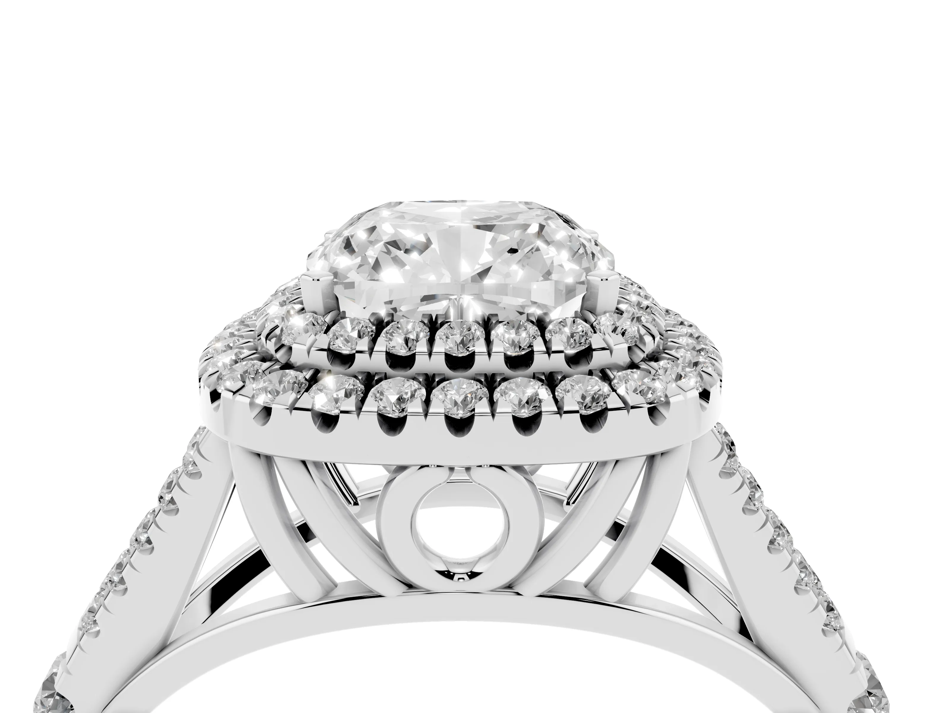 Cushion Cut Diamond Pavé Split Shank Double Halo Engagement Ring Set in Silver