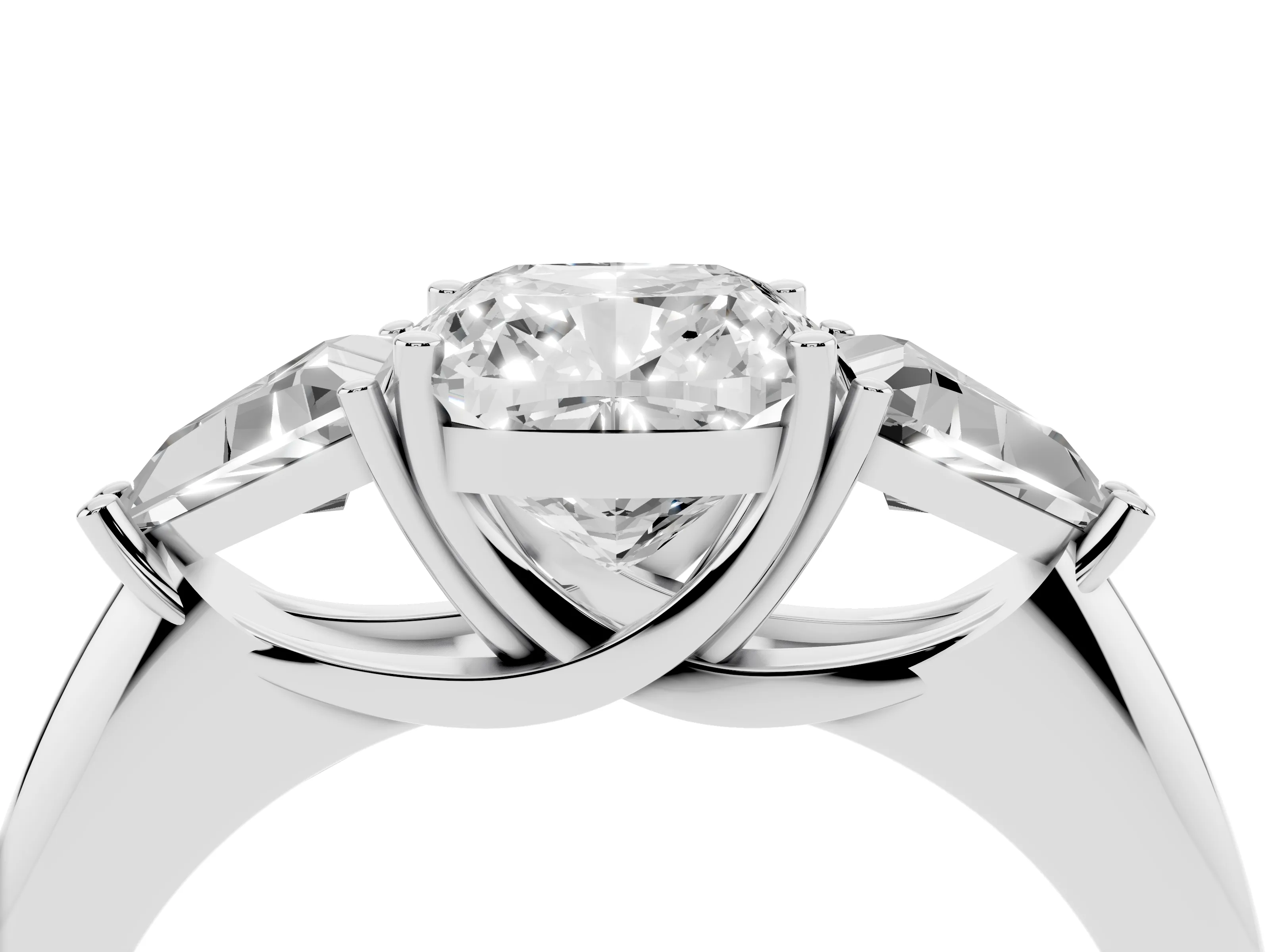 Cushion Cut Diamond Three-Stone Engagement Ring Set in White gold with Trillion Side Stones