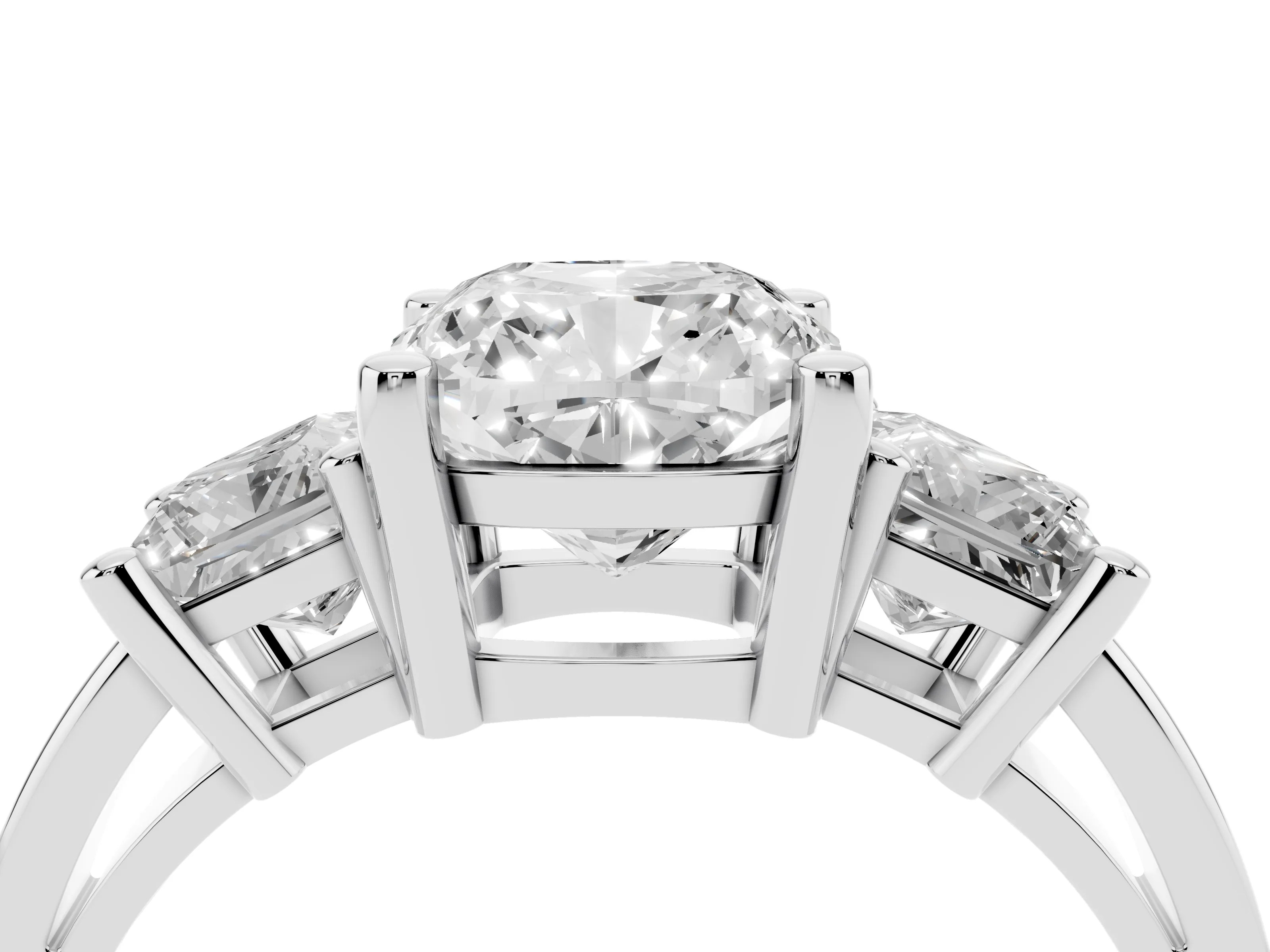 Three-Stone Cushion Cut Diamond Solitaire Ring Set in Platinum with Prong Setting