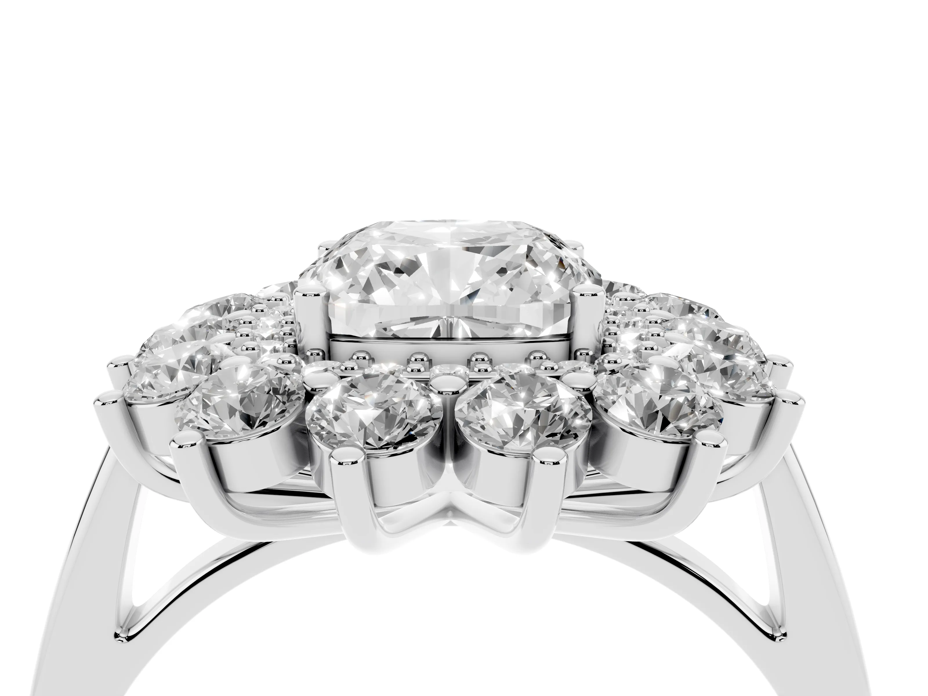 Cushion Cut Diamond Floral Double Halo Ring Set in Silver with Round Petals