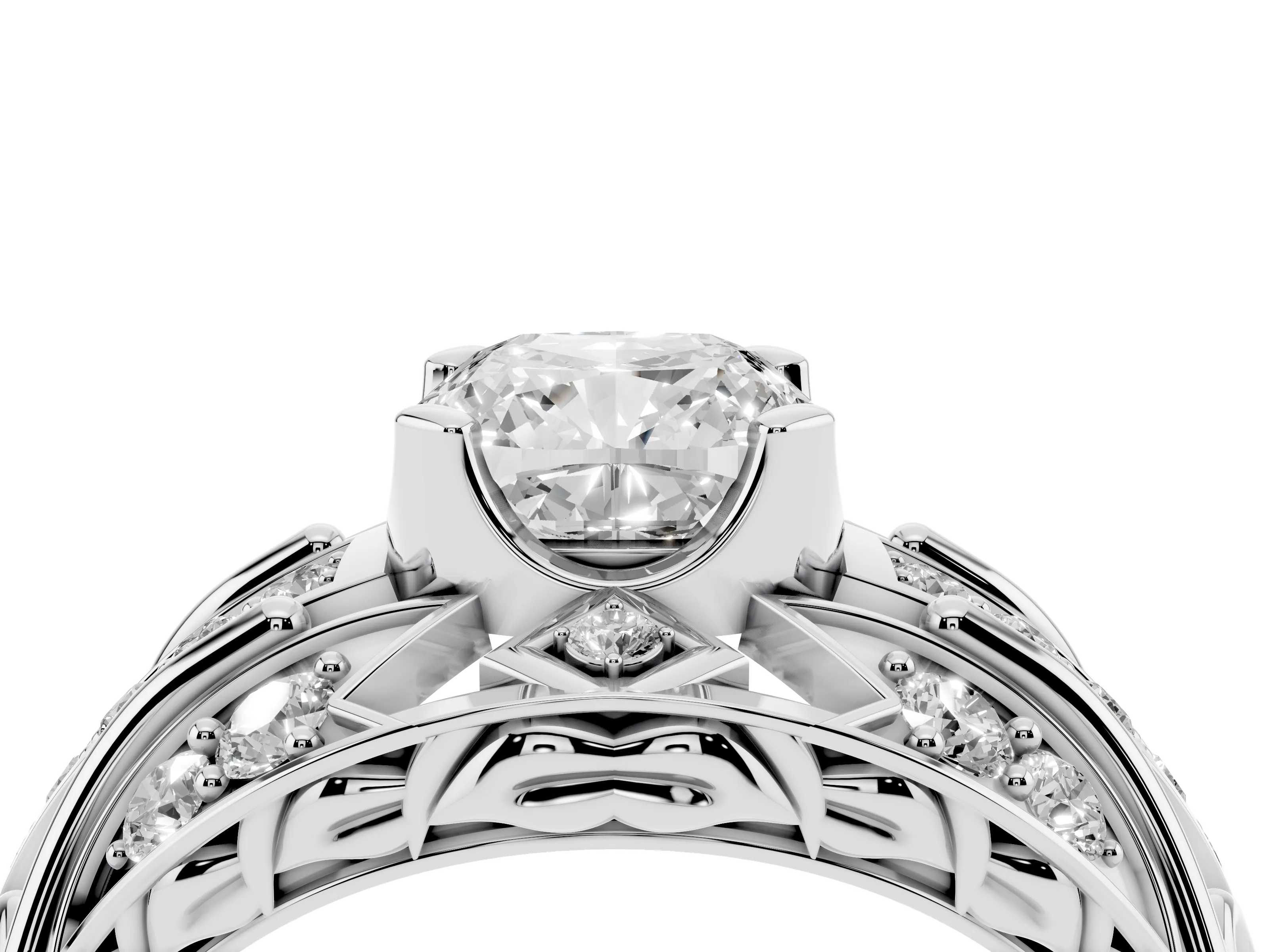 Cushion Cut Diamond Art Deco Ring Set in White gold with Pavé Split Shank