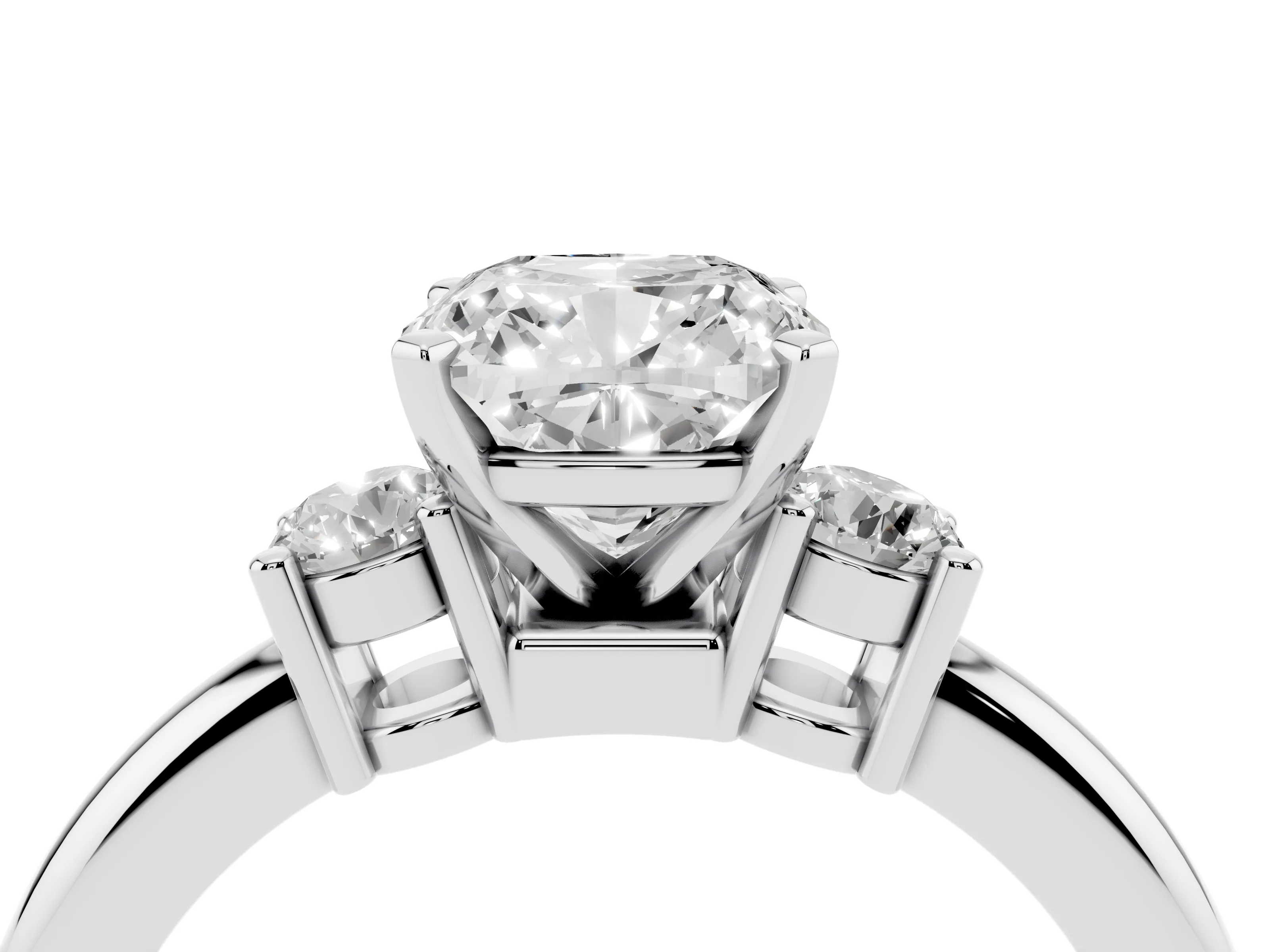 Three-Stone Cushion Cut Diamond Ring Set in Platinum with Prong Setting and Plain Band