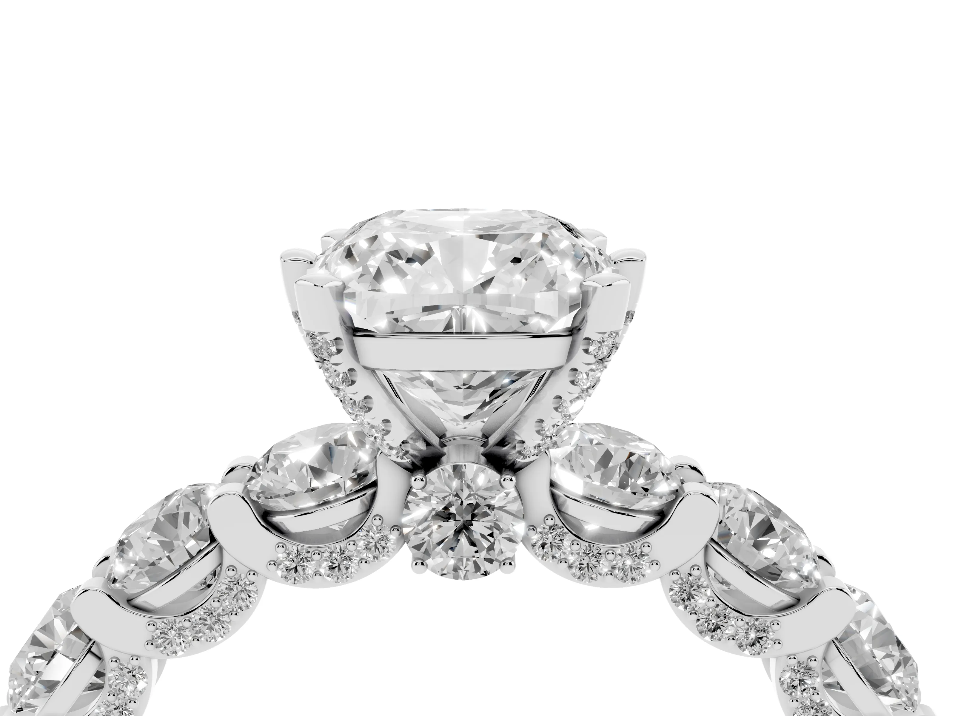 Cushion Cut Diamond Side Stone Ring Set in Silver with Alternating Round and Oval Side Stones