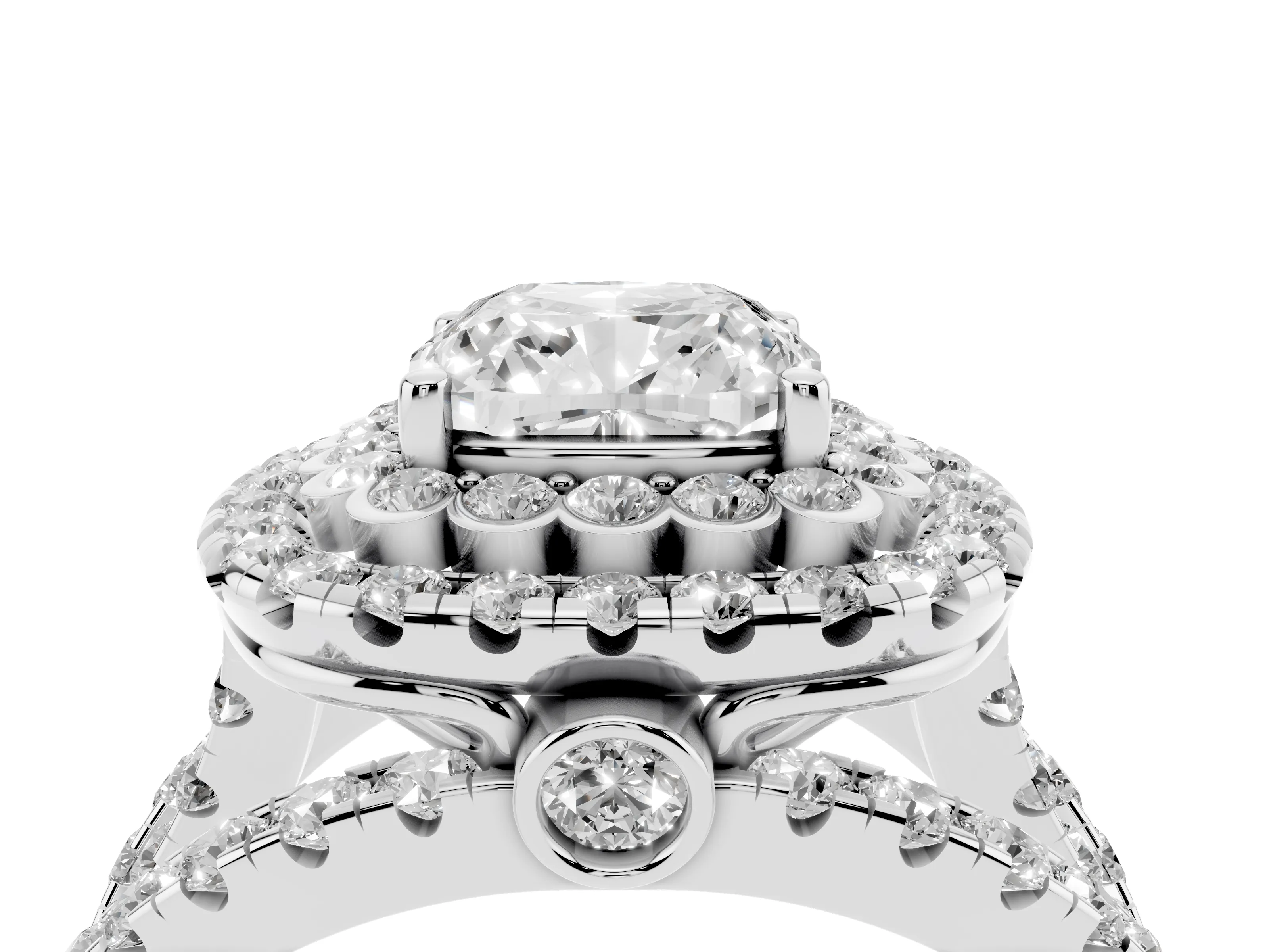 Cushion Cut Diamond Double Halo Ring Set in Silver with Round Pavé Split Shank