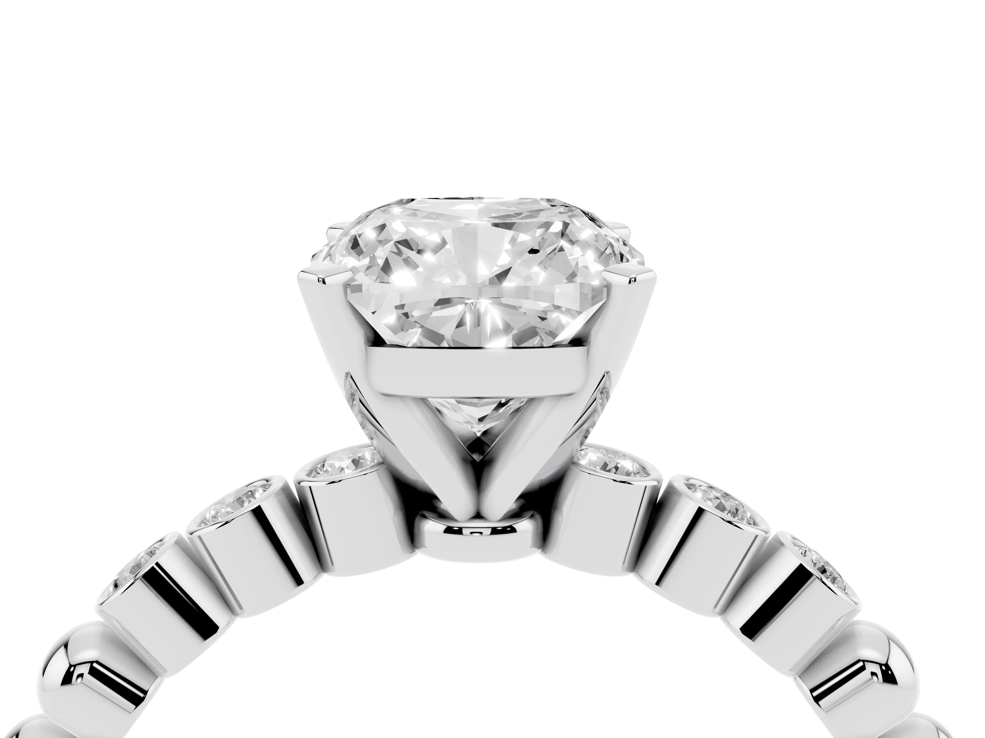 Cushion Cut Diamond Solitaire Engagement Ring Set in Silver with Bezel Accents on Beaded Band