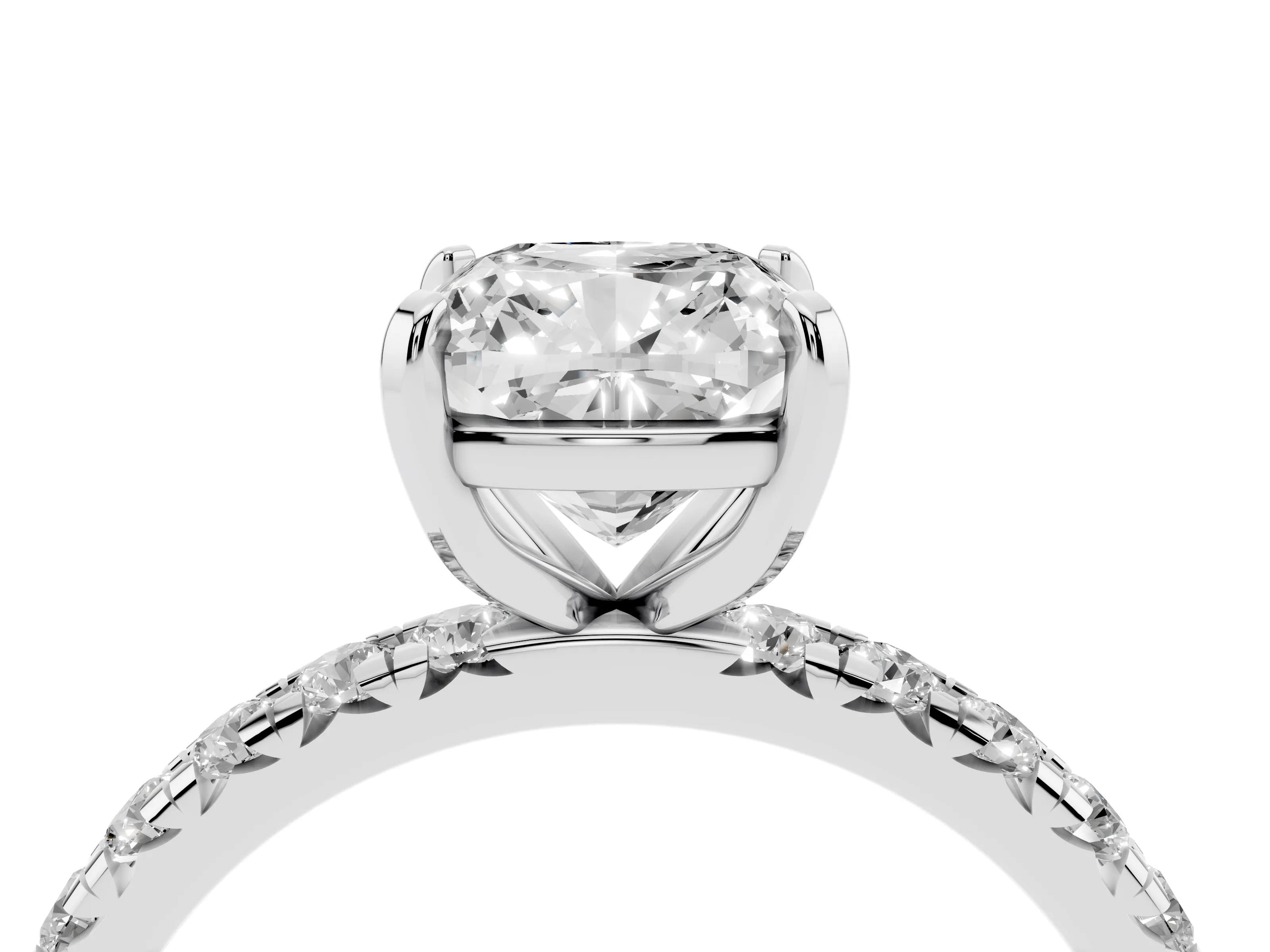 Cushion Cut Diamond Pavé Solitaire Ring Set in White gold with Round Band and Prong Setting