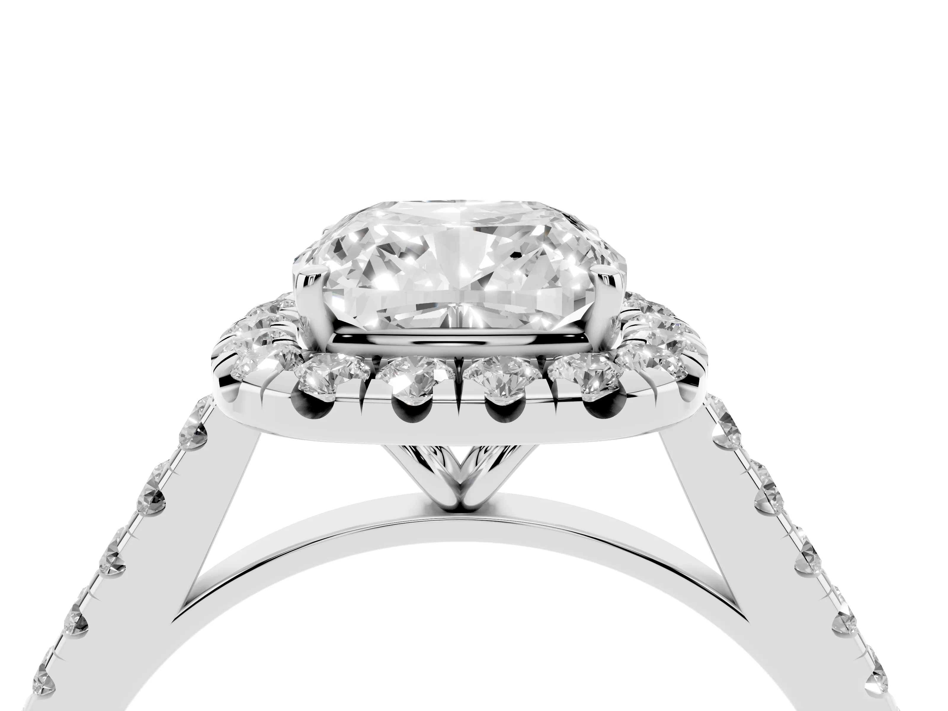 Cushion Cut Diamond Halo Pavé Engagement Ring Set in White gold with Prong Setting