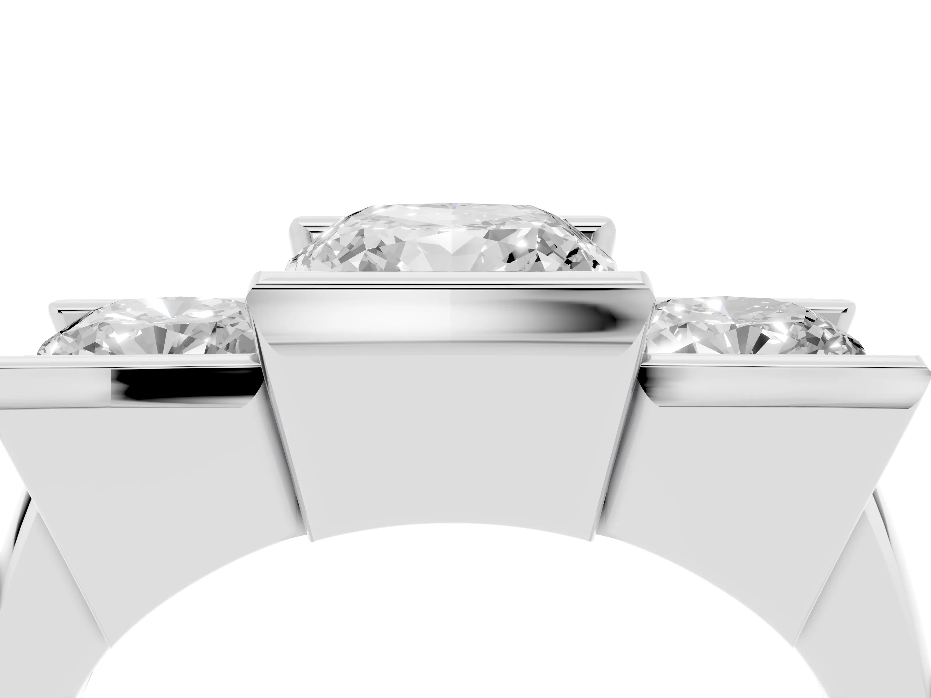 Cushion Cut Diamond Three-Stone Channel Set Ring Set in Platinum with Smooth Polished Band