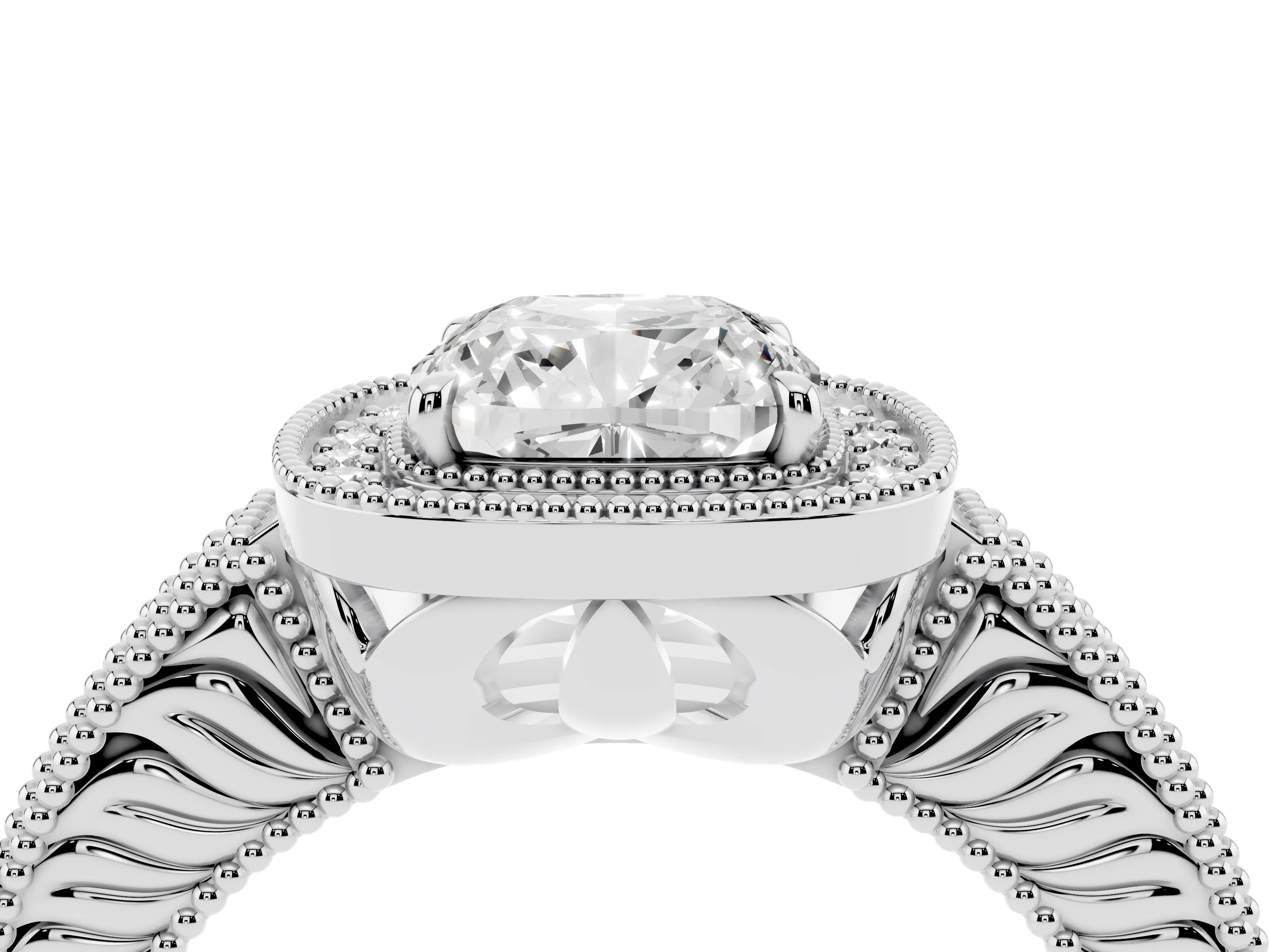 Cushion Cut Diamond Halo Ring Set in White gold with Round Accent Halo, Pavé Band and Prong Setting
