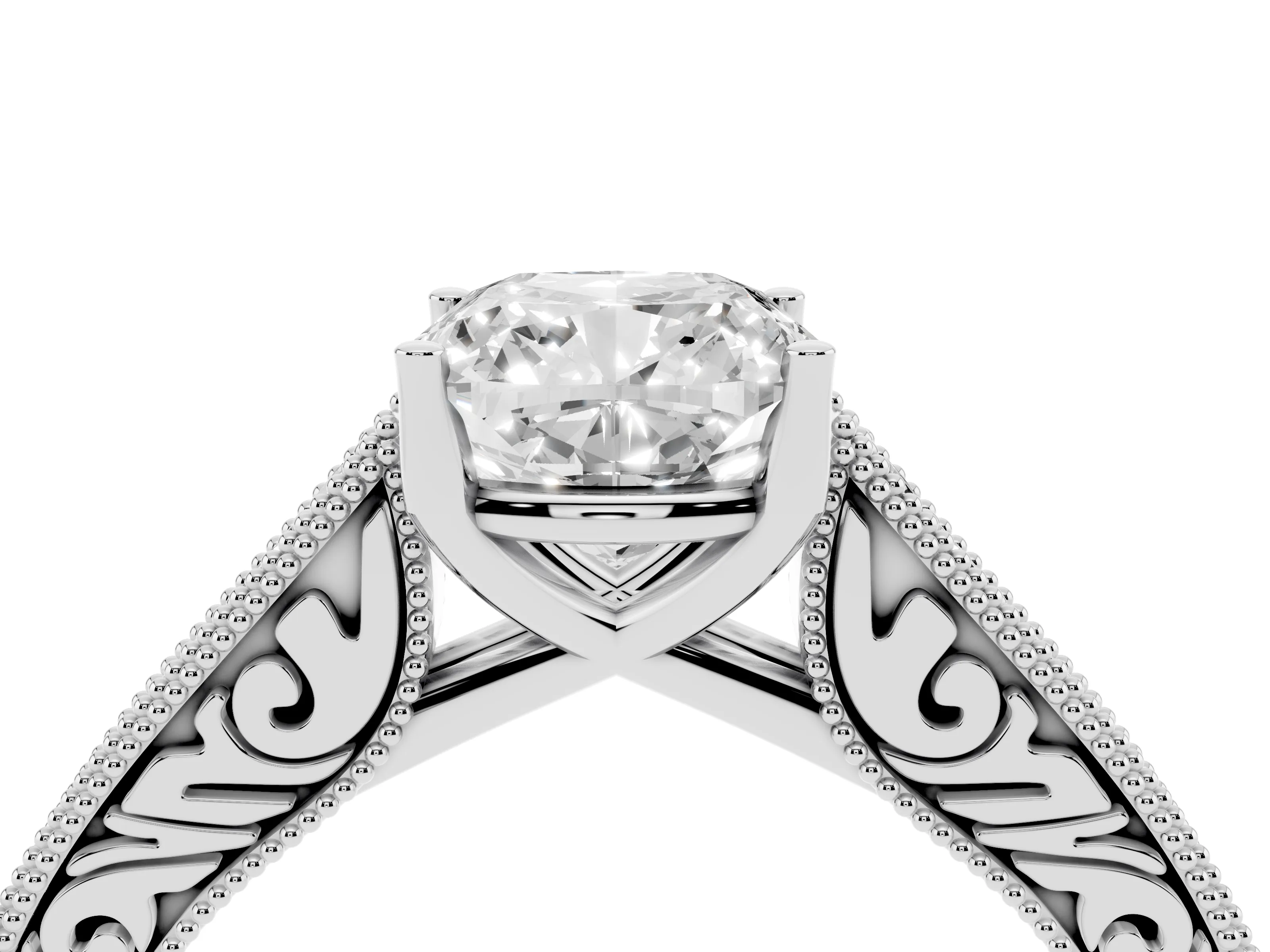 Cushion Cut Diamond Milgrain Pavé Band Solitaire Ring Set in Platinum with Prong Setting