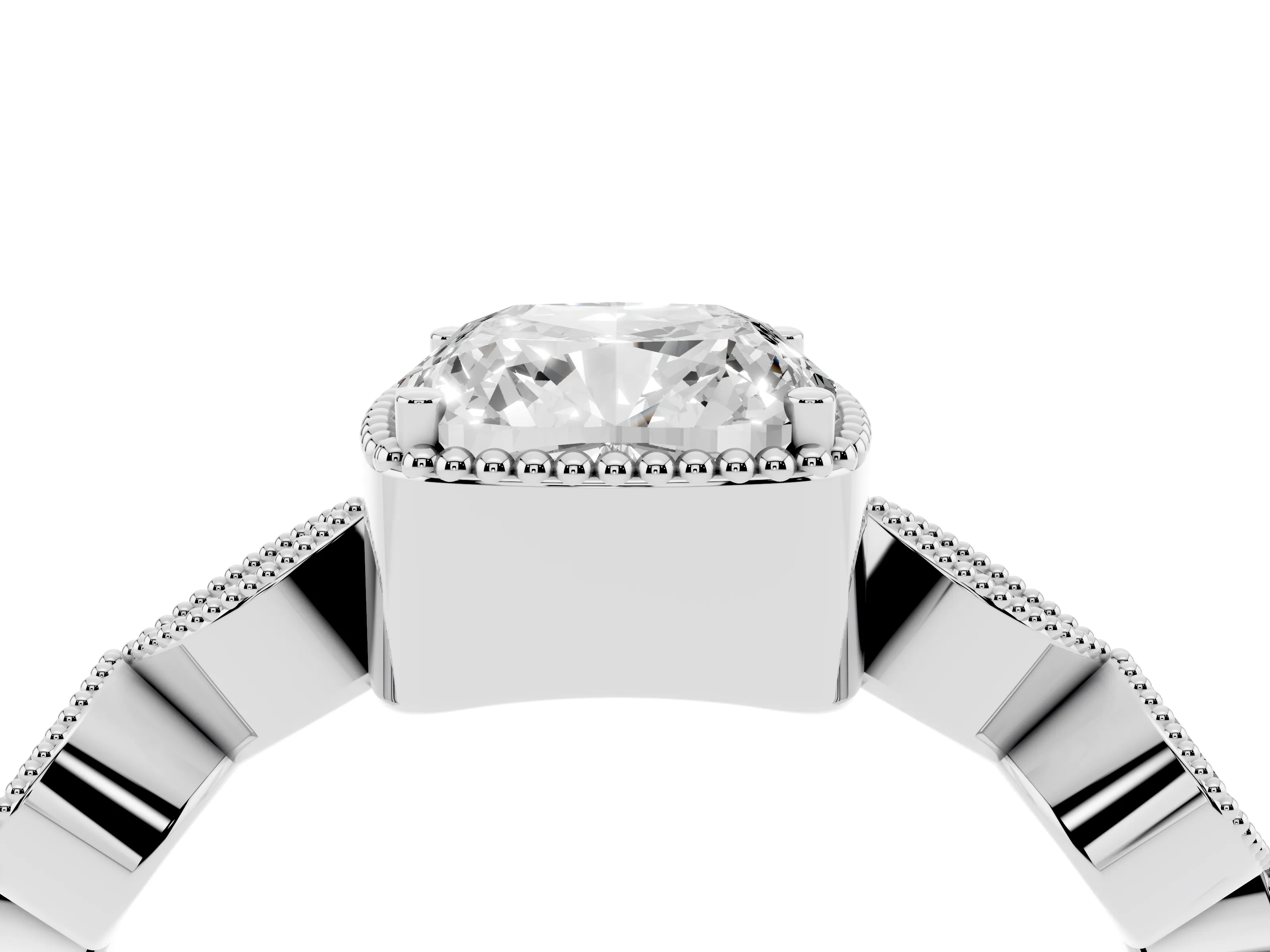 Cushion Cut Diamond Vintage-Inspired Milgrain Ring Set in Platinum with Marquise Stations of Round Accents
