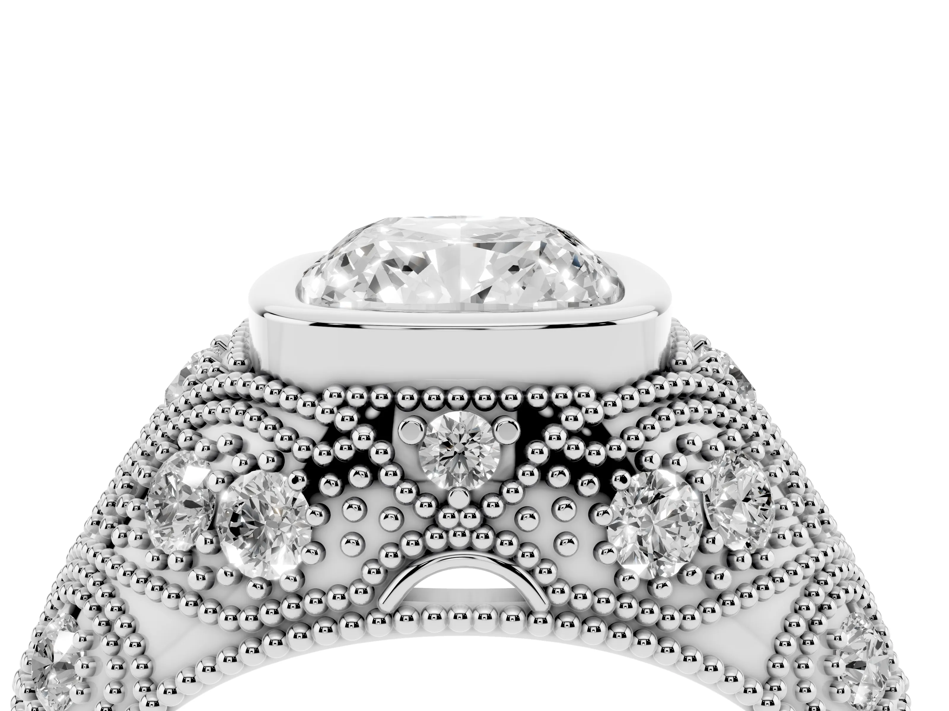 Cushion Cut Diamond Bezel Ring Set in Silver with Milgrain Accent Band