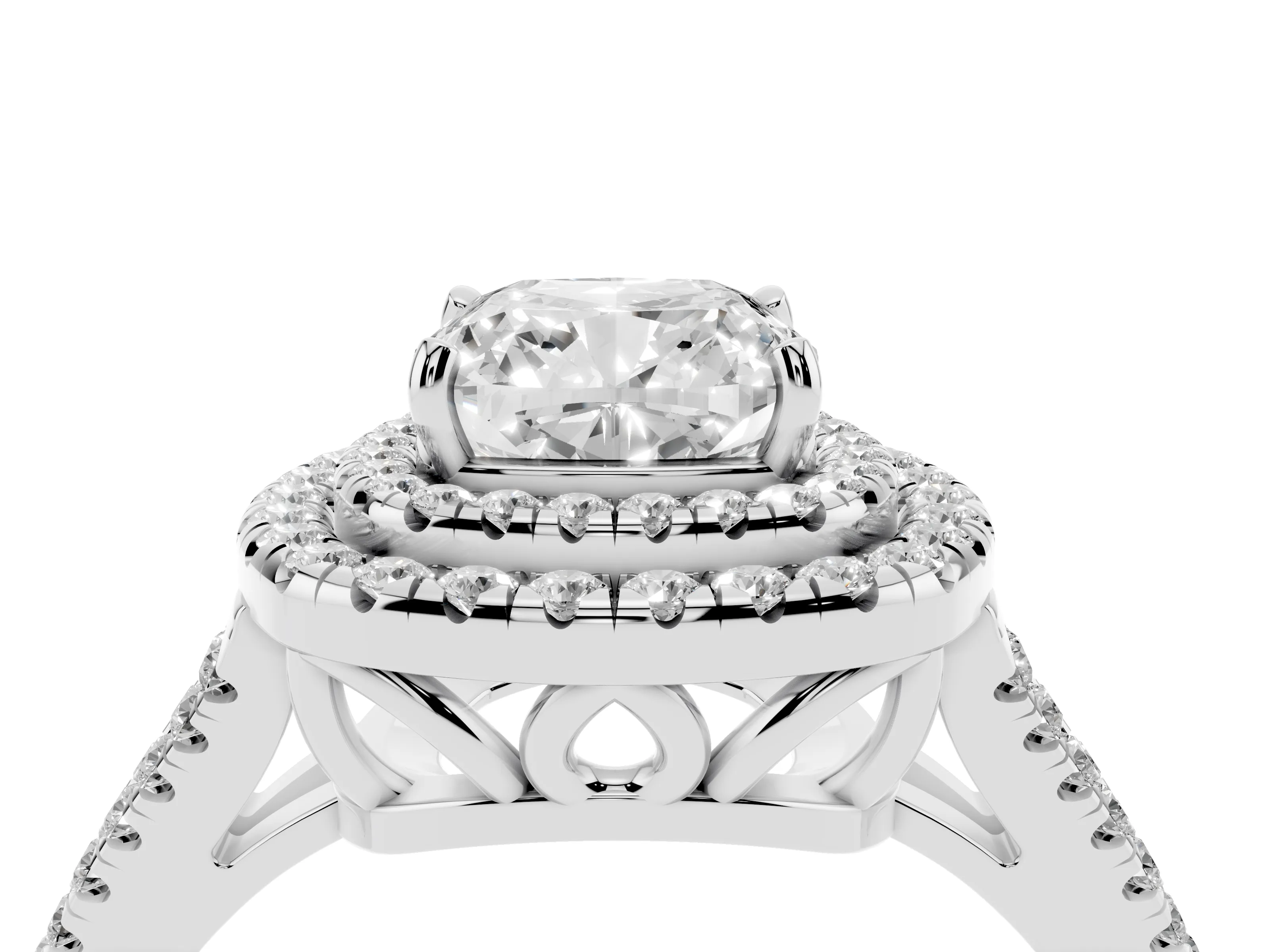 Cushion Cut Diamond Double Halo Ring Set in Platinum with Pavé Band
