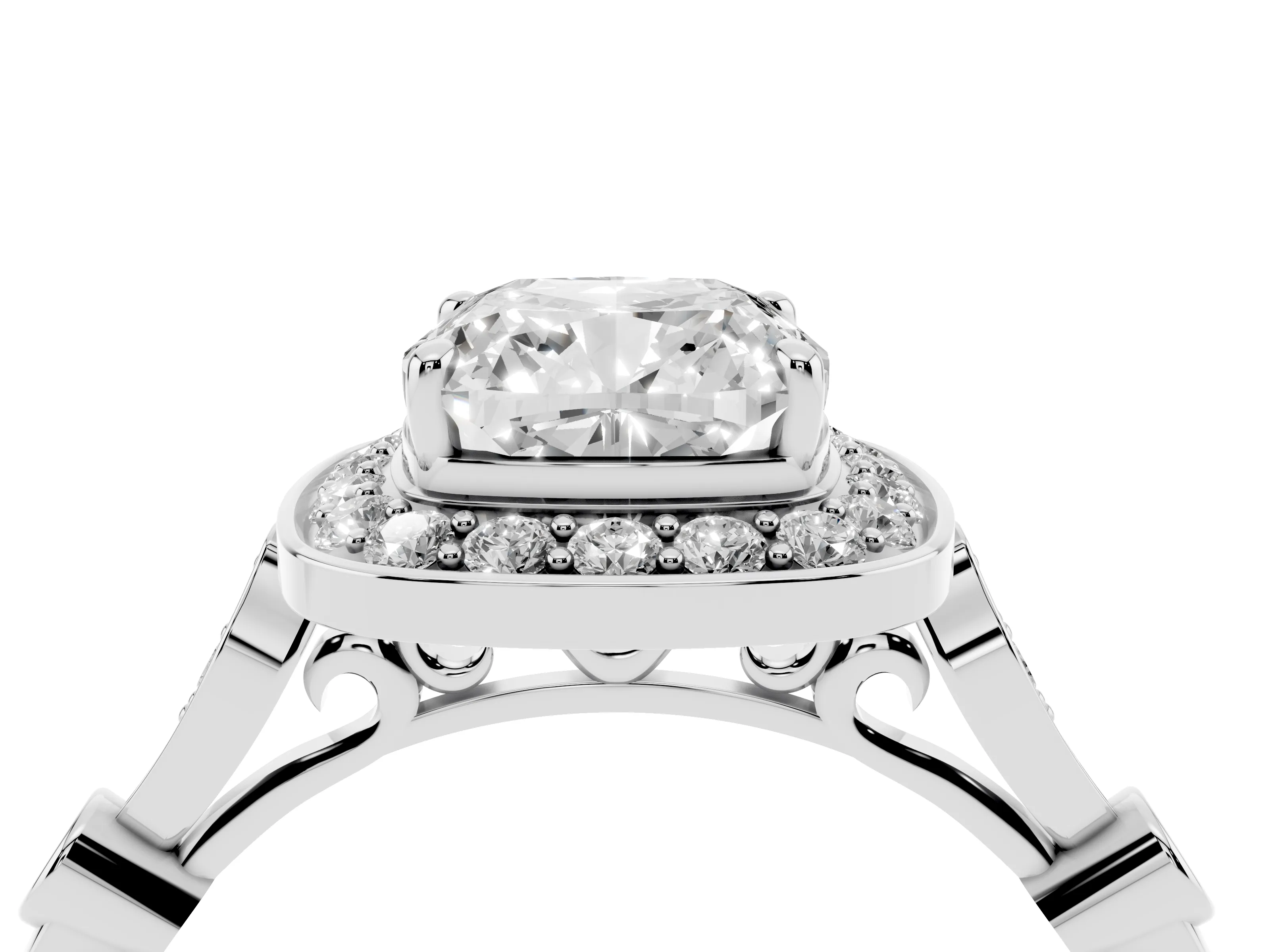 Cushion Cut Diamond Halo Engagement Ring Set in White gold with Twisted Band and Prong Setting