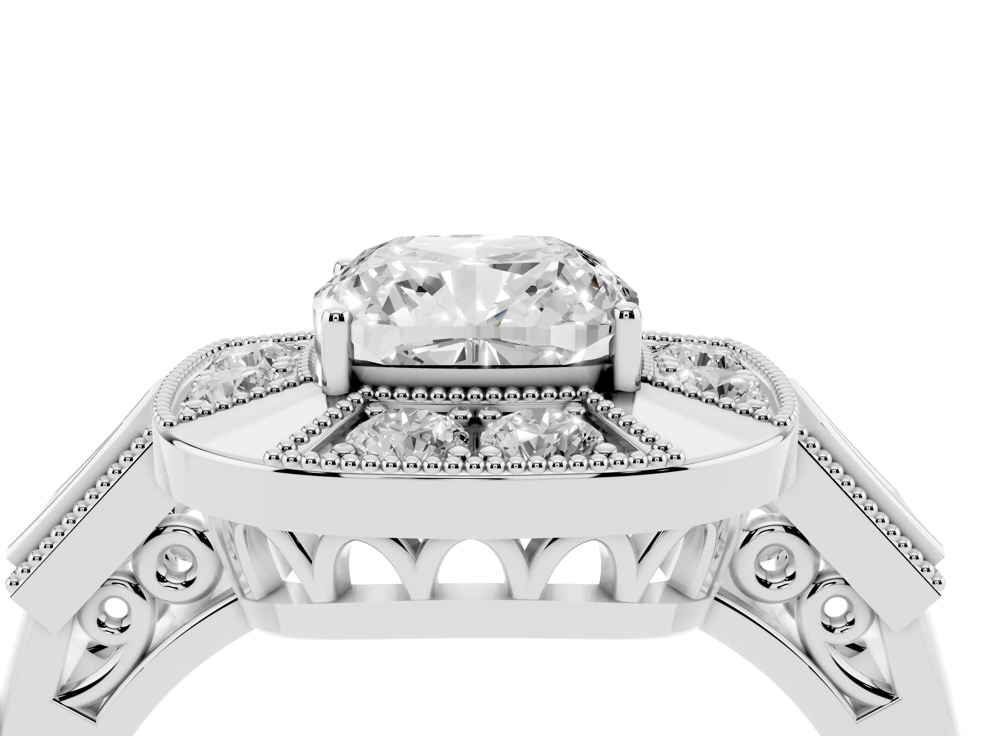 Cushion Cut Diamond Milgrain Halo Ring Set in Silver with Split Shank