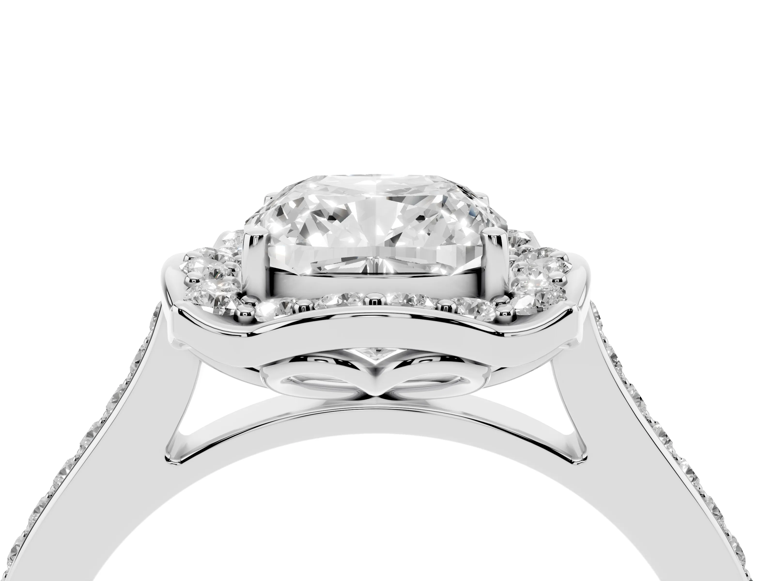Cushion Cut Diamond Halo Ring Set in White gold with Pavé-Lined Shoulders and Prong Setting