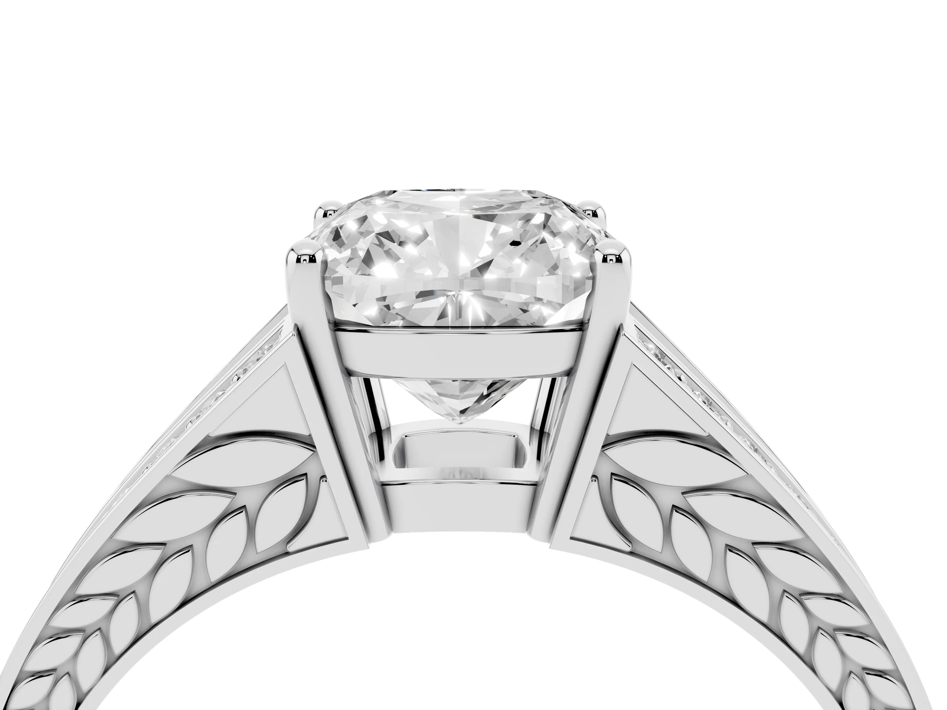 Cushion Cut Diamond Split Shank Ring Set in White gold with Pavé Band and Prong Setting