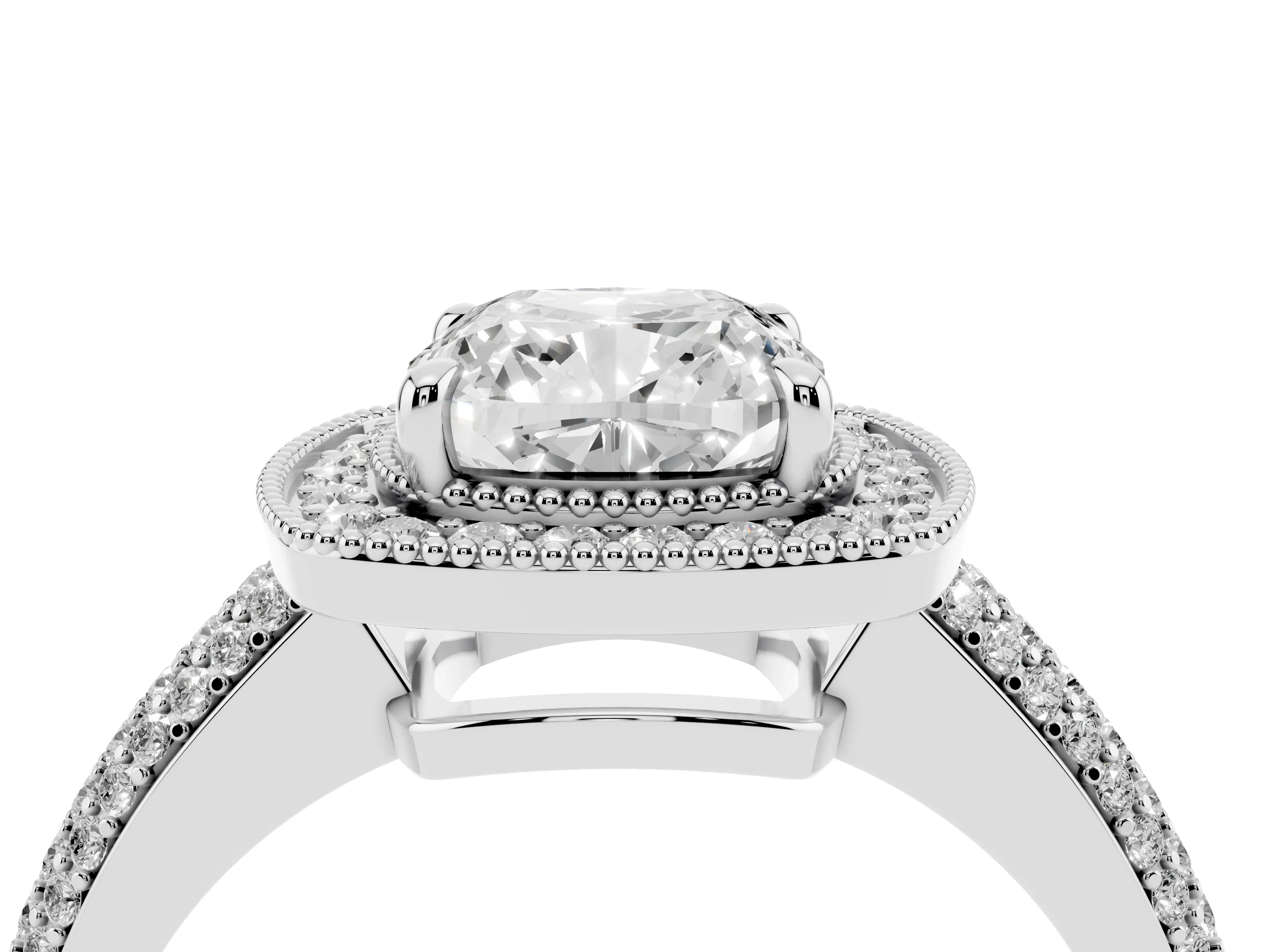 Cushion Cut Diamond Halo Pavé Band Set in Platinum with Prong Setting