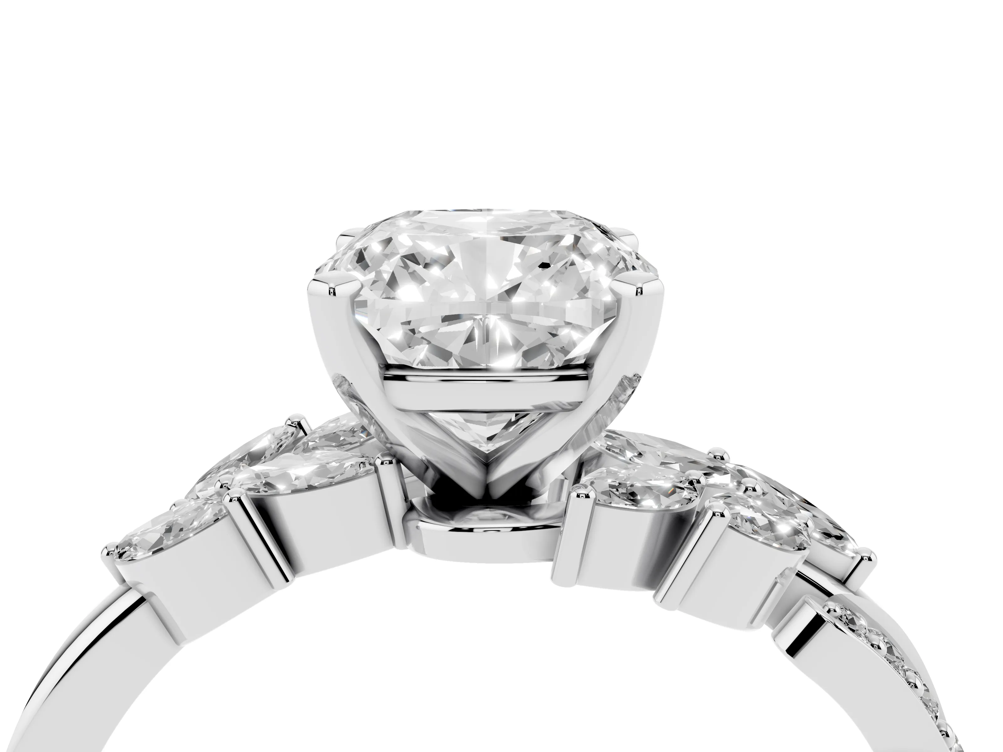 Cushion Cut Diamond Solitaire Ring Set in White gold with Marquise Twist Band and Prong Setting