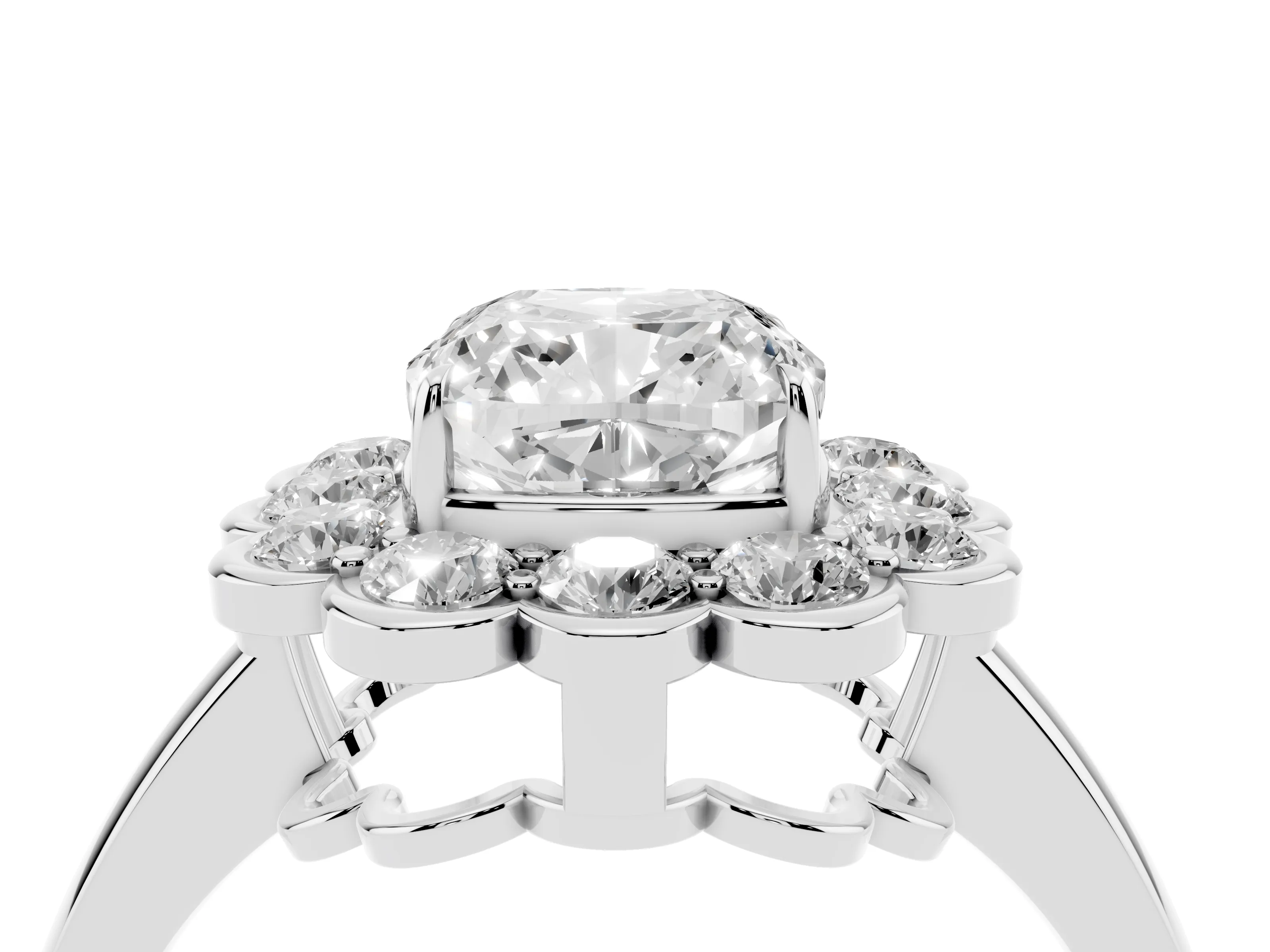 Cushion Cut Diamond Halo Cluster Engagement Ring Set in Platinum with Solitaire Band and Prong Setting