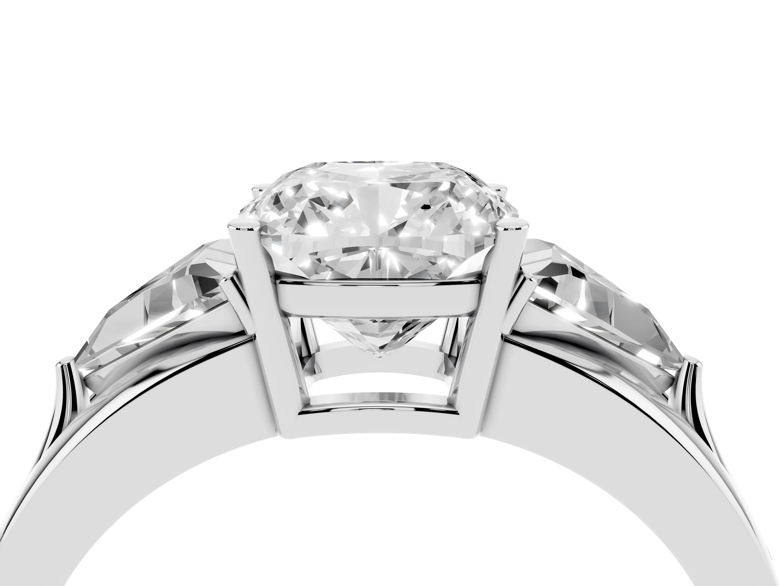 Cushion Cut Diamond Three-Stone Ring Set in Silver with Trillion Side Stones and Split Shank